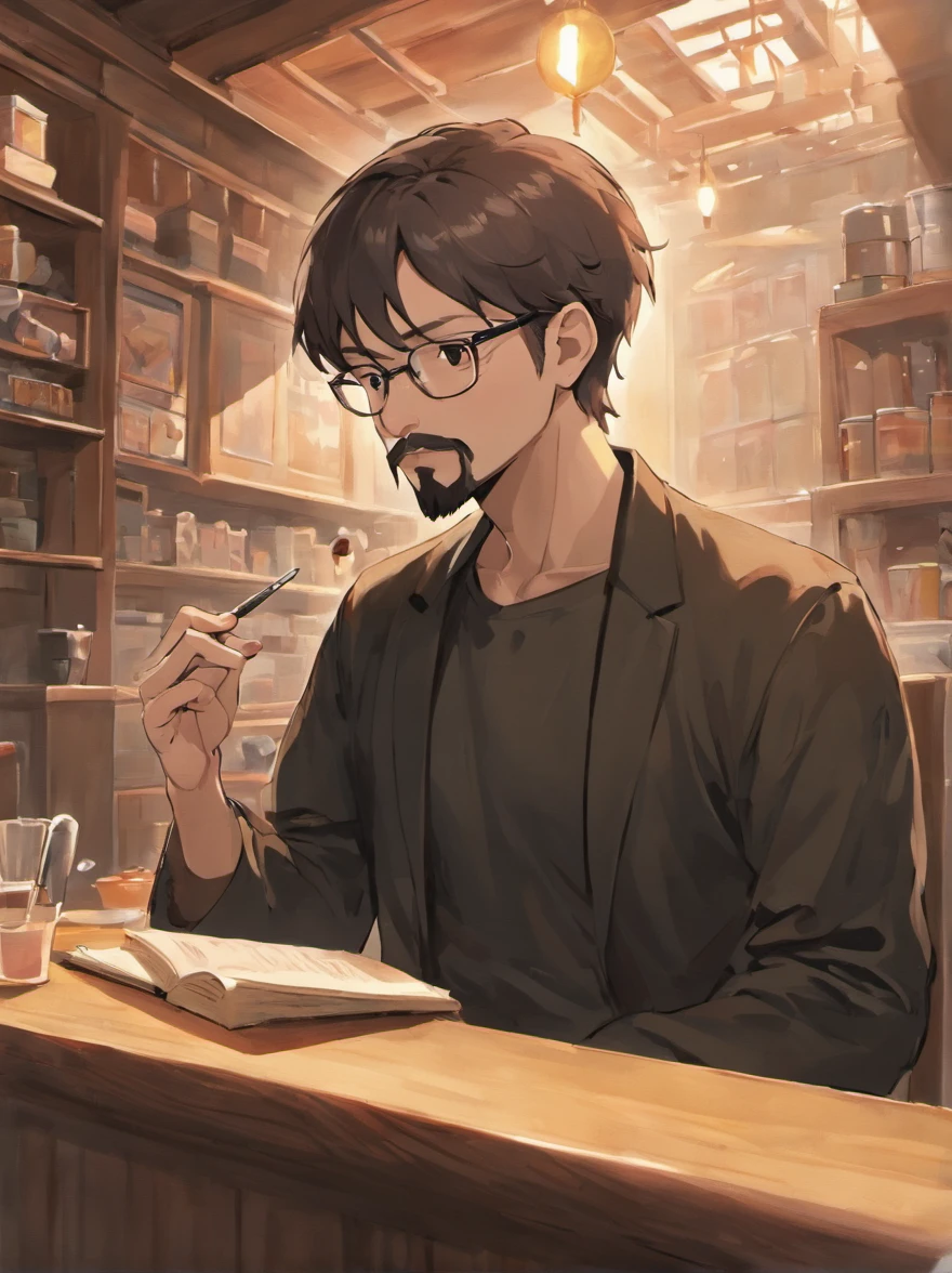 Portrait of a malay father, 40 years old, full facial hair and beard, trimmed, a little bit of graying hair, hair slick back, glasses, wearing long sleeves black t-shirt, smoking a cigarette and drinking coffee while reading a book, sitting on a chair on a patio, outside, sunny day