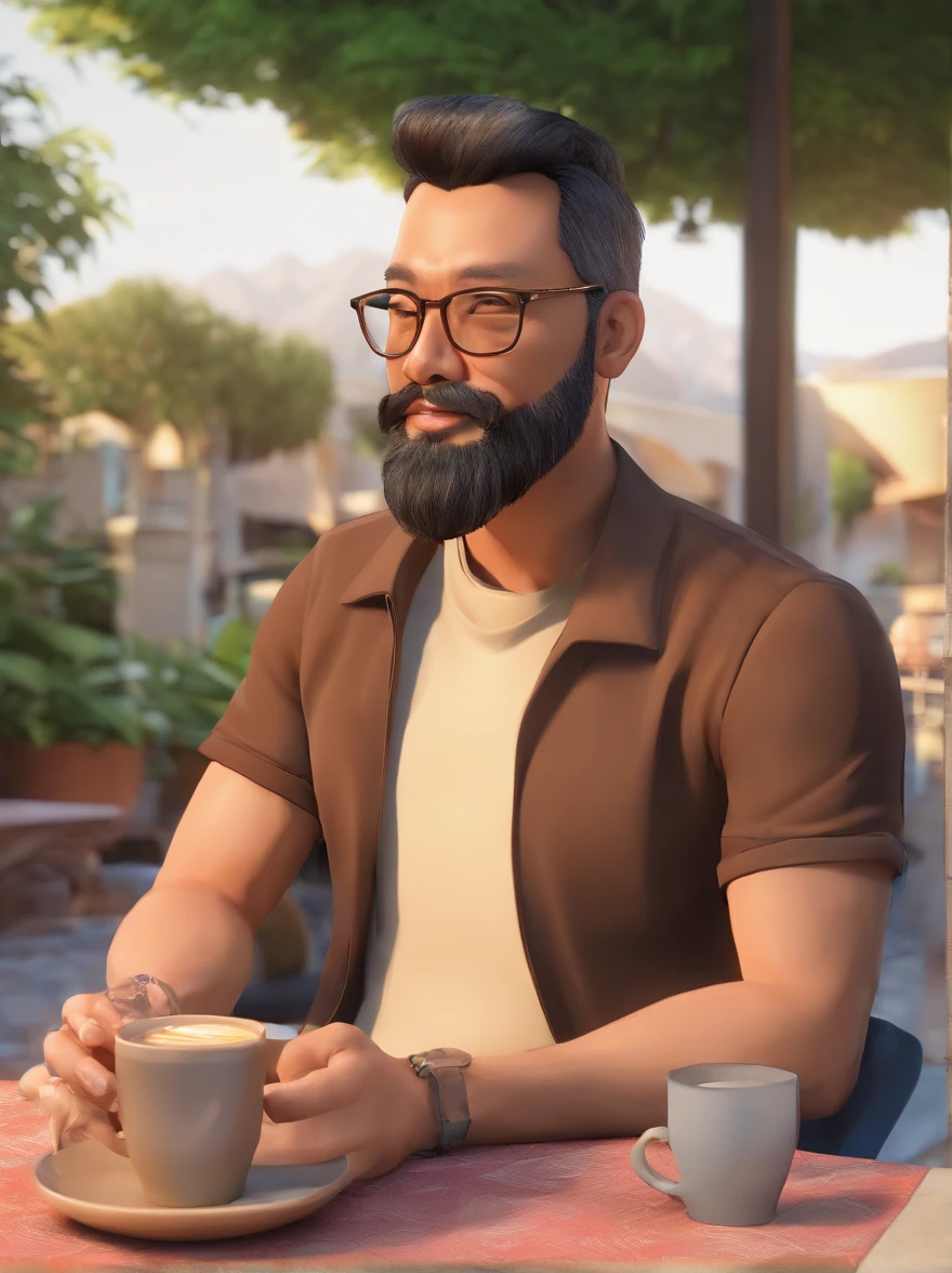 Portrait of a malay father, 40 years old, full facial hair and beard, trimmed, a little bit of graying hair, hair slick back, glasses, wearing long sleeves black t-shirt, smoking a cigarette and drinking coffee while reading a book, sitting on a chair on a patio, outside, sunny day