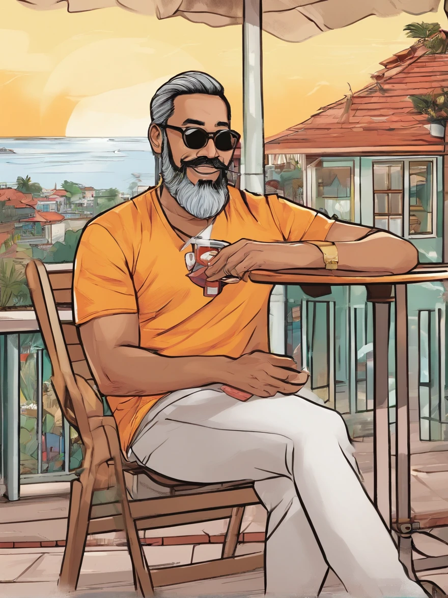 Portrait of a malay father, 40 years old, full facial hair and beard, trimmed, a little bit of graying hair, hair slick back, glasses, wearing long sleeves black t-shirt, smoking a cigarette and drinking coffee while reading a book, sitting on a chair on a patio, outside, sunny day