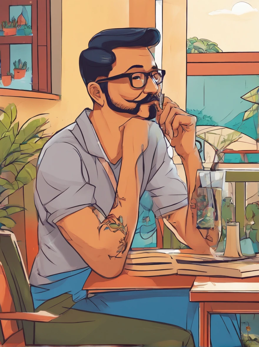 Portrait of a malay father, 40 years old, full facial hair and beard, trimmed, a little bit of graying hair, hair slick back, glasses, wearing long sleeves black t-shirt, smoking a cigarette and drinking coffee while reading a book, sitting on a chair on a patio, outside, sunny day