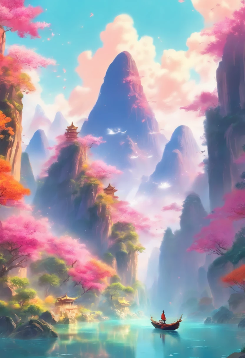 painting of a mountain landscape with a river and a boat, beautiful render of tang dynasty, floating mountains, 4k hd matte digital painting, beeple and jean giraud, ross tran. scenic background, luminescent matte painting, avatar landscape, fractal landscape, inspired by Ma Yuan, paul lehr and beeple, painting of a dreamscape