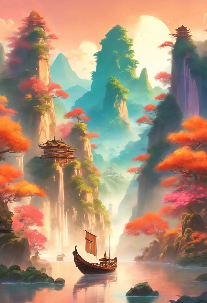 painting of a mountain landscape with a river and a boat, beautiful render of tang dynasty, floating mountains, 4k hd matte digital painting, beeple and jean giraud, ross tran. scenic background, luminescent matte painting, avatar landscape, fractal landscape, inspired by Ma Yuan, paul lehr and beeple, painting of a dreamscape