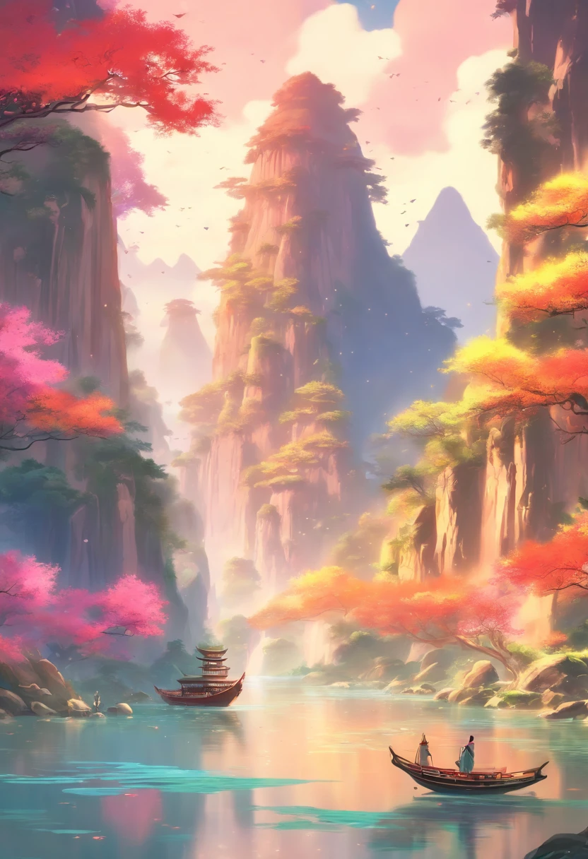 painting of a mountain landscape with a river and a boat, beautiful render of tang dynasty, floating mountains, 4k hd matte digital painting, beeple and jean giraud, ross tran. scenic background, luminescent matte painting, avatar landscape, fractal landscape, inspired by Ma Yuan, paul lehr and beeple, painting of a dreamscape