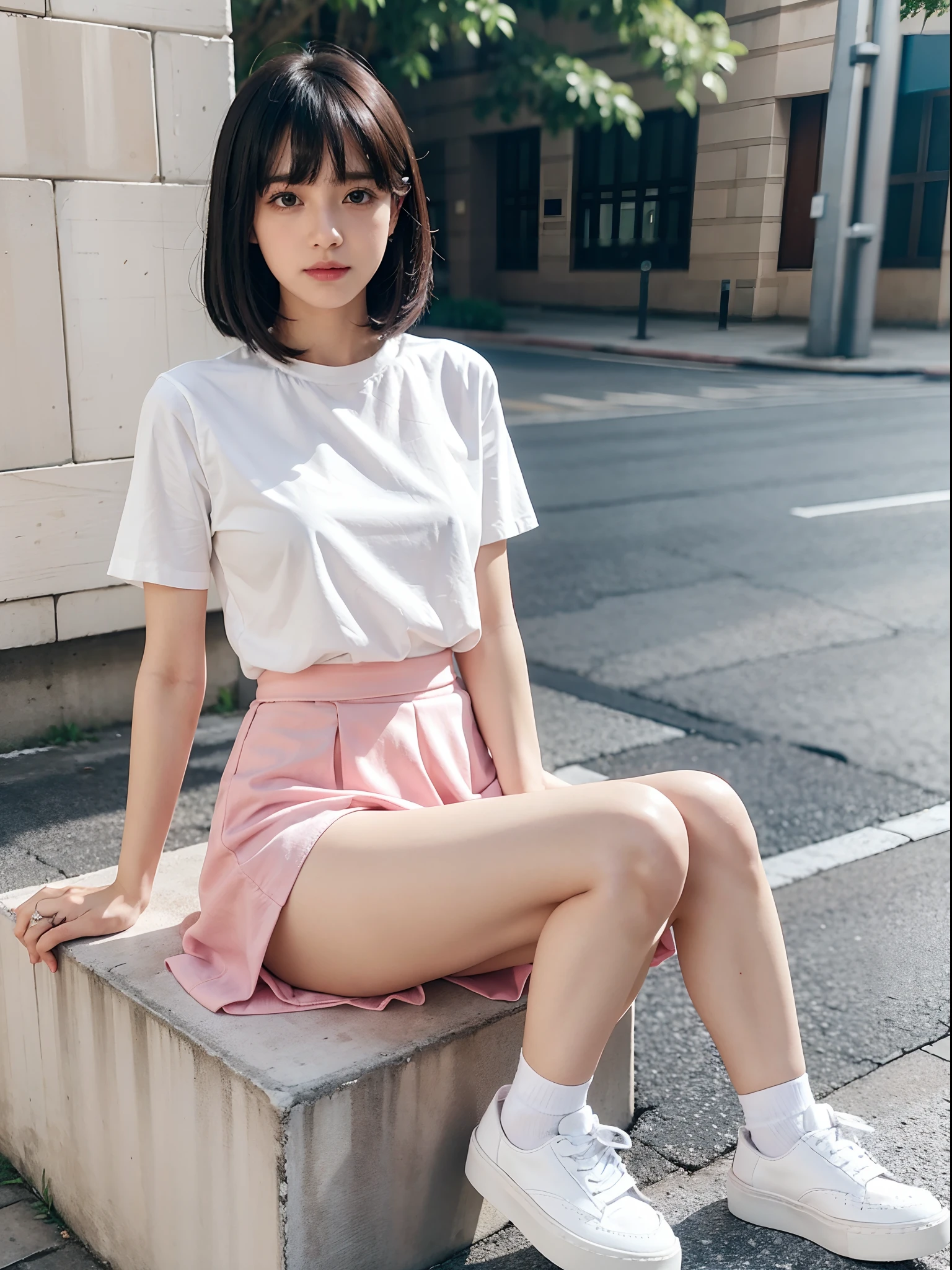 White slim shirt,Pink hip wrapped skirt,college aged,Pure,White British shoes,white legwear,Long black bangs