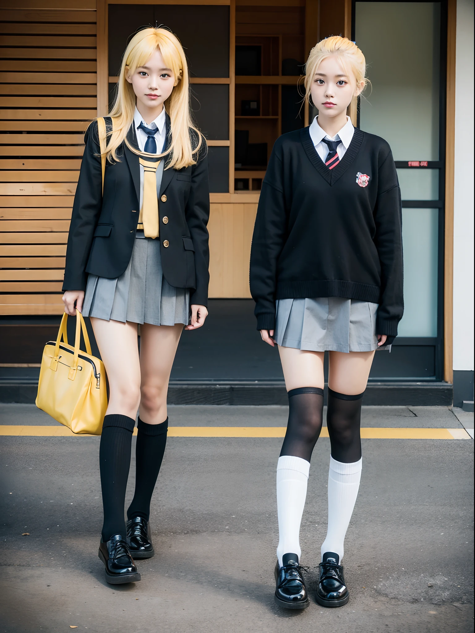 Japanese school clothing，Yellow hair，black over-the-knee socks，Black British shoes，JK，schoolgirls
