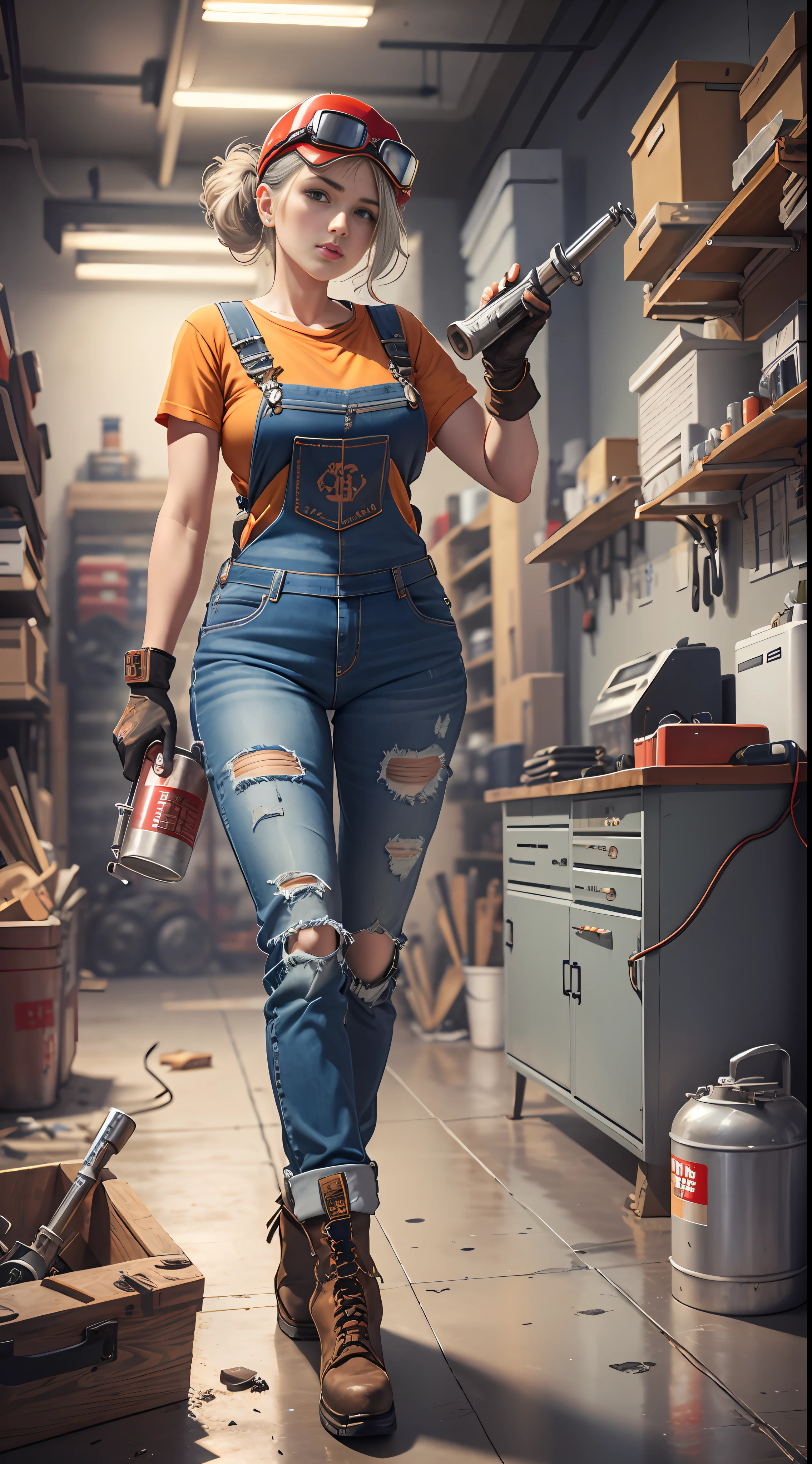 Masterpiece, high quality, super detailed, illustration, a beautiful girl, slender figure, jeans, red overalls, body, work shoes, industrial, high heels, black, red, silver, metallic, gloves, goggles, equipment, machinery, tools, sparks, pipes, instruments, meters, saws, hammers, screwdrivers, wrenches, pliers, wrenches, toolbox, fire extinguishers, first aid kits, ventilation, pipes, lights, warning signs, posters, calendars, coffee cups, workbenches, storage boxes, safety vests, concrete floors, concrete walls , Metal Beam, Industrial Fashion, Sci-Fi, Cyberpunk, Dystopia