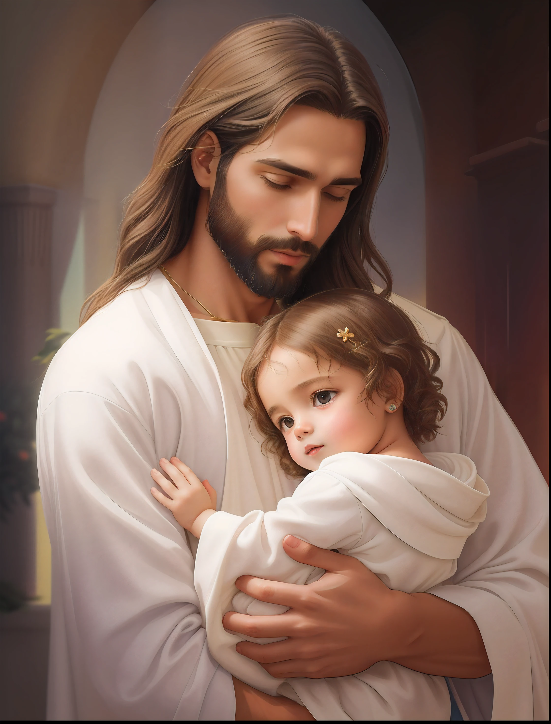 a painting of a Jesus Christ holding a child in his arms, Com o Menino Jesus, pai, jesus hugging a woman, Jesus Cristo, pai com filho, ! holding in his hand !, with a kid, beautiful depiction, Christian art, ele tem um tesouro com ele, beautiful image ever created, amor incondicional, obra-prima muito bonita, bela obra-prima