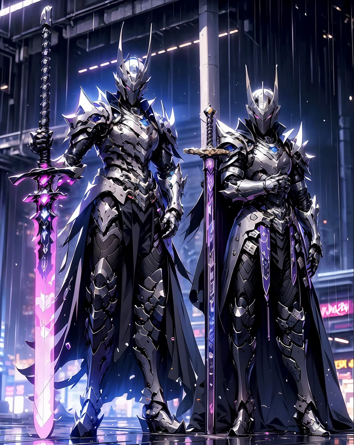 arafed knight with a purple sword in the rain, cyberpunk knight, fantasy style 8 k octane render, amazing 8k character concept art, concept art. 8 k, 4k concept art and hyper realism, trending on artstation.', 8 k high detail concept art, cyberpunk batman, menacing. unreal 5, trending on artstation:3, cyberpunk gladiator