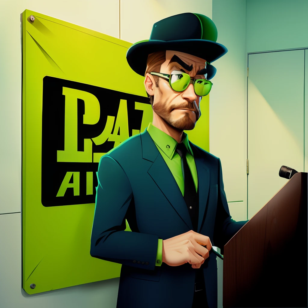 Handdrawing colored in an animated style of an avocado that is dressed as a undercover investigator in front of his office with a sign that says "P.I. Hass"