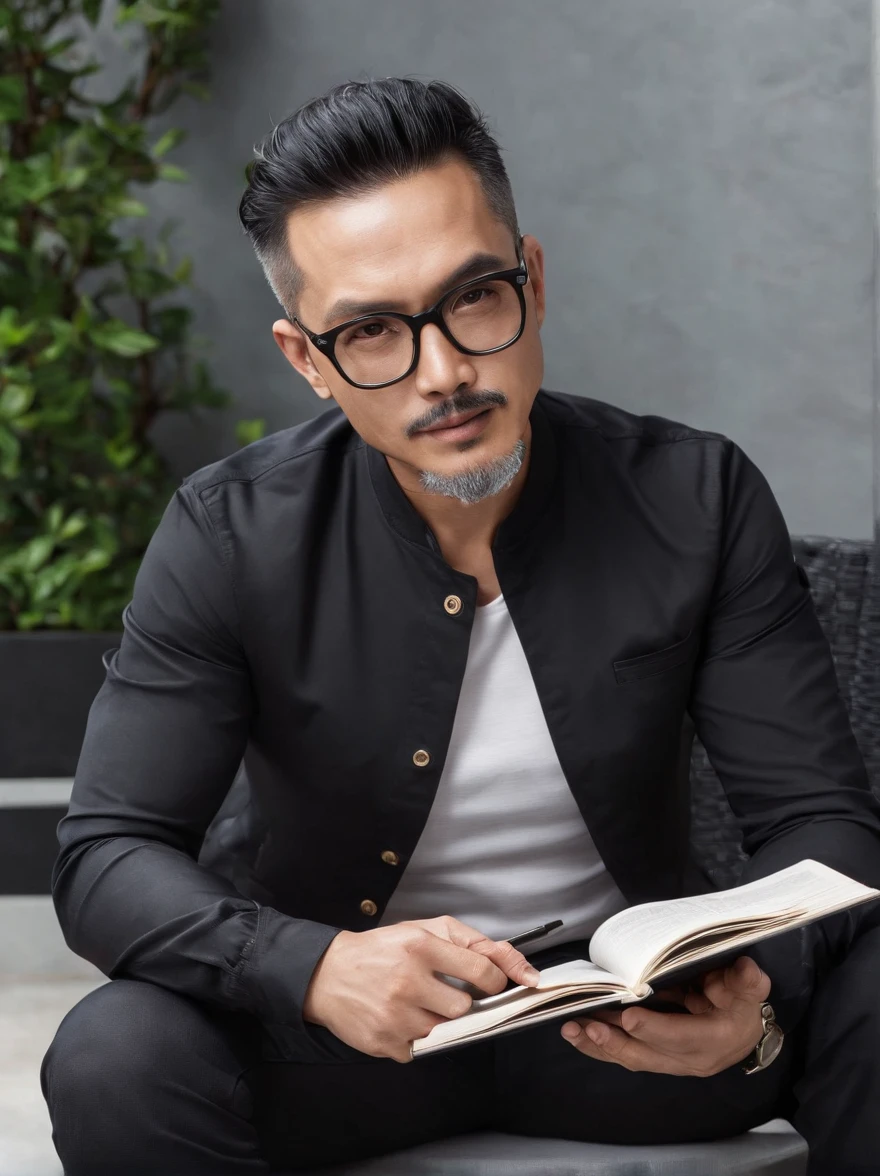 Portrait of a malay father, 40 years old, full facial hair, trimmed, a little bit of graying hair, hair slick back, glasses, wearing long sleeves black t-shirt, smoking a cigarette and drinking coffee while reading a book, sitting on a chair on a patio, outside, sunny day
