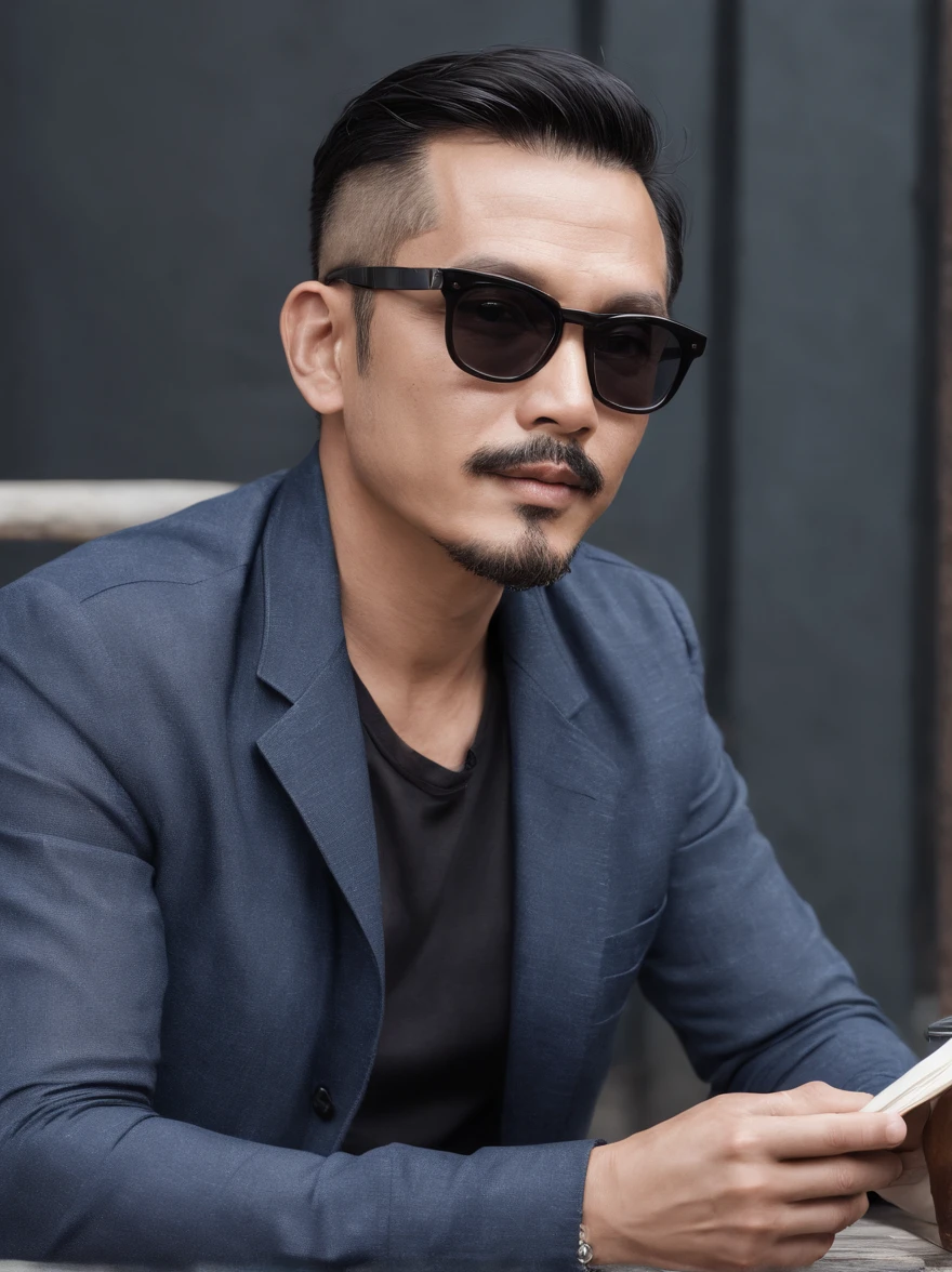 Portrait of a malay father, 40 years old, full facial hair, trimmed, a little bit of graying hair, hair slick back, glasses, wearing long sleeves black t-shirt, smoking a cigarette and drinking coffee while reading a book, sitting on a chair on a patio, outside, sunny day