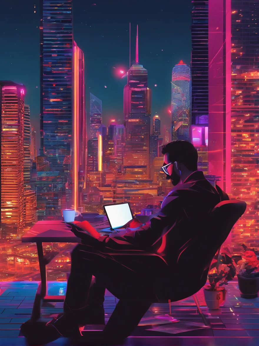 Portrait of a malay father, 40 years old, full facial hair, trimmed, a little bit of graying hair, hair slick back, glasses, wearing long sleeves black t-shirt, smoking a cigarette and drinking coffee while reading a book, sitting on a chair on a patio, outside, sunny day