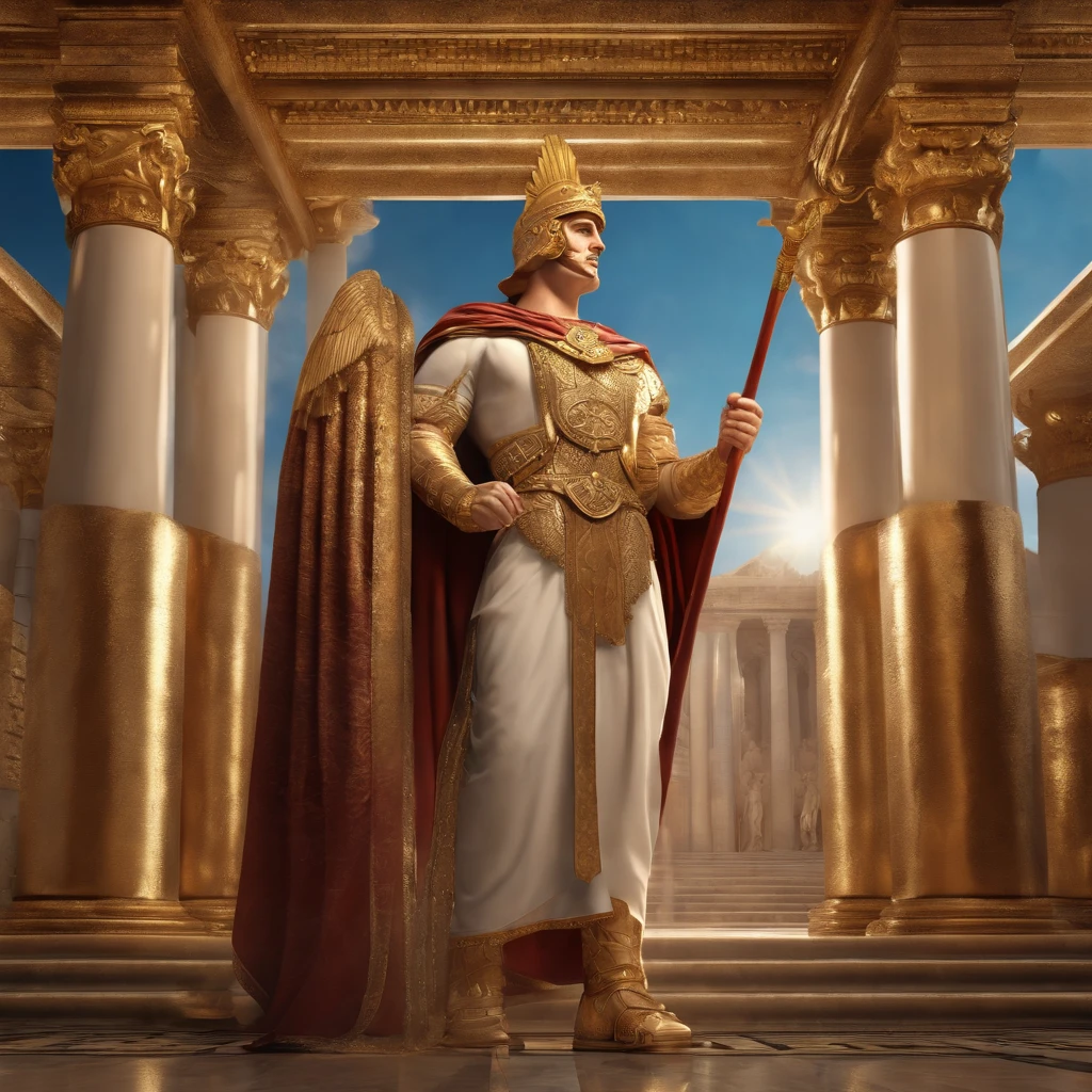 ancient Roman emperor,giving Roman salute,Statue of Roman God Mars,marble texture,detailed armor and robe,ornate golden crown,eagle feather helmet,elaborate jeweled scepter,grandiose stone steps,columns and arches of a magnificent temple,decorative mosaic floor,best quality,ultra-detailed,realistic colors,soft sunlight,grand and regal ambiance