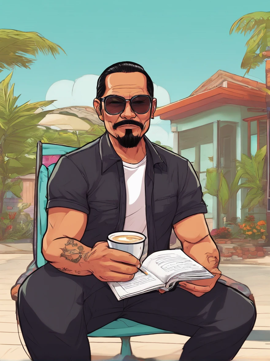 Portrait of a malay father, 40 years old, full facial hair, trimmed, a little bit of graying hair, hair slick back, glasses, wearing long sleeves black t-shirt, smoking a cigarette and drinking coffee while reading a book, sitting on a chair on a patio, outside, sunny day