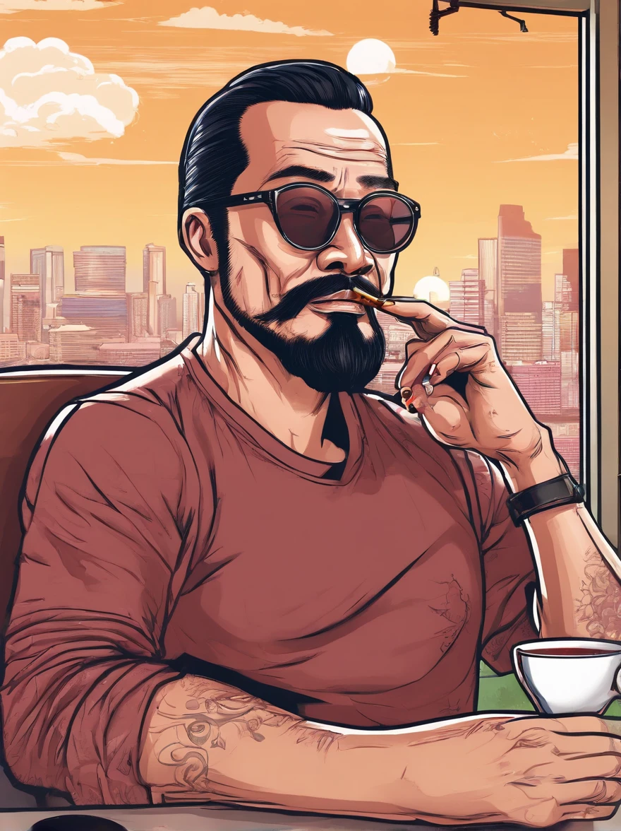 Portrait of a malay father, 40 years old, full facial hair, trimmed, a little bit of graying hair, hair slick back, glasses, wearing long sleeves black t-shirt, smoking a cigarette and drinking coffee while reading a book, sitting on a chair on a patio, outside, sunny day