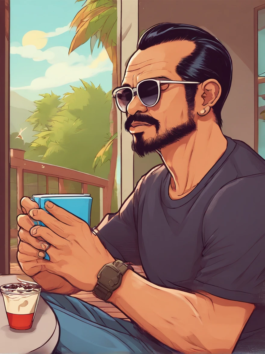 Portrait of a malay father, 40 years old, full facial hair, trimmed, a little bit of graying hair, hair slick back, glasses, wearing long sleeves black t-shirt, smoking a cigarette and drinking coffee while reading a book, sitting on a chair on a patio, outside, sunny day