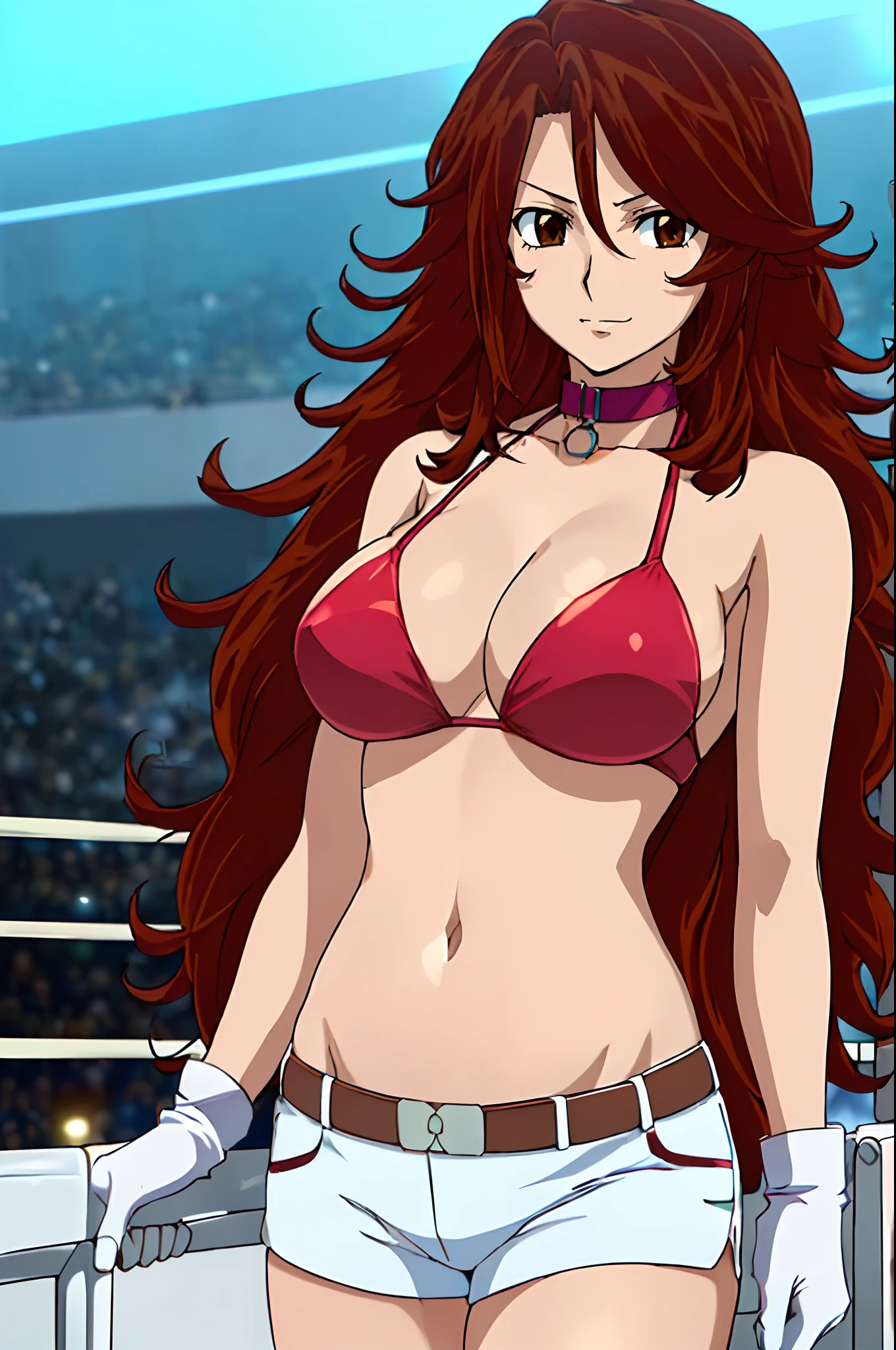 curvy midsection, solo, 1 girl, female wrestler, smile, stretching ), (detailed titration screen, upper body only, anime style: 1.8, anime drawing, ultra detailed face, ultra detailed body, 4k, Sumergai Lee Noriega, (standing), best quality, anime style, hires, highest definition, digital blending, bold drawing lines, ((wwe diva), ((location: wrestling arena, crowds watching)), ( pro female wrestler, long attractive belly, slim body, (strong biceps), broad shoulders , off-shoulders, closed fists, (very curvy: 2.8)), ((elegant red bikini , shorts, white gloves, collar, arm band, (champion belt))), (pale skin, very big breasts, closed mouth, teeth), (big eyes, brown eyes, shiny eyes), (), (reddish hair, loose hair, curly hair, wavy hair, long hair, missy hair), 27 years old