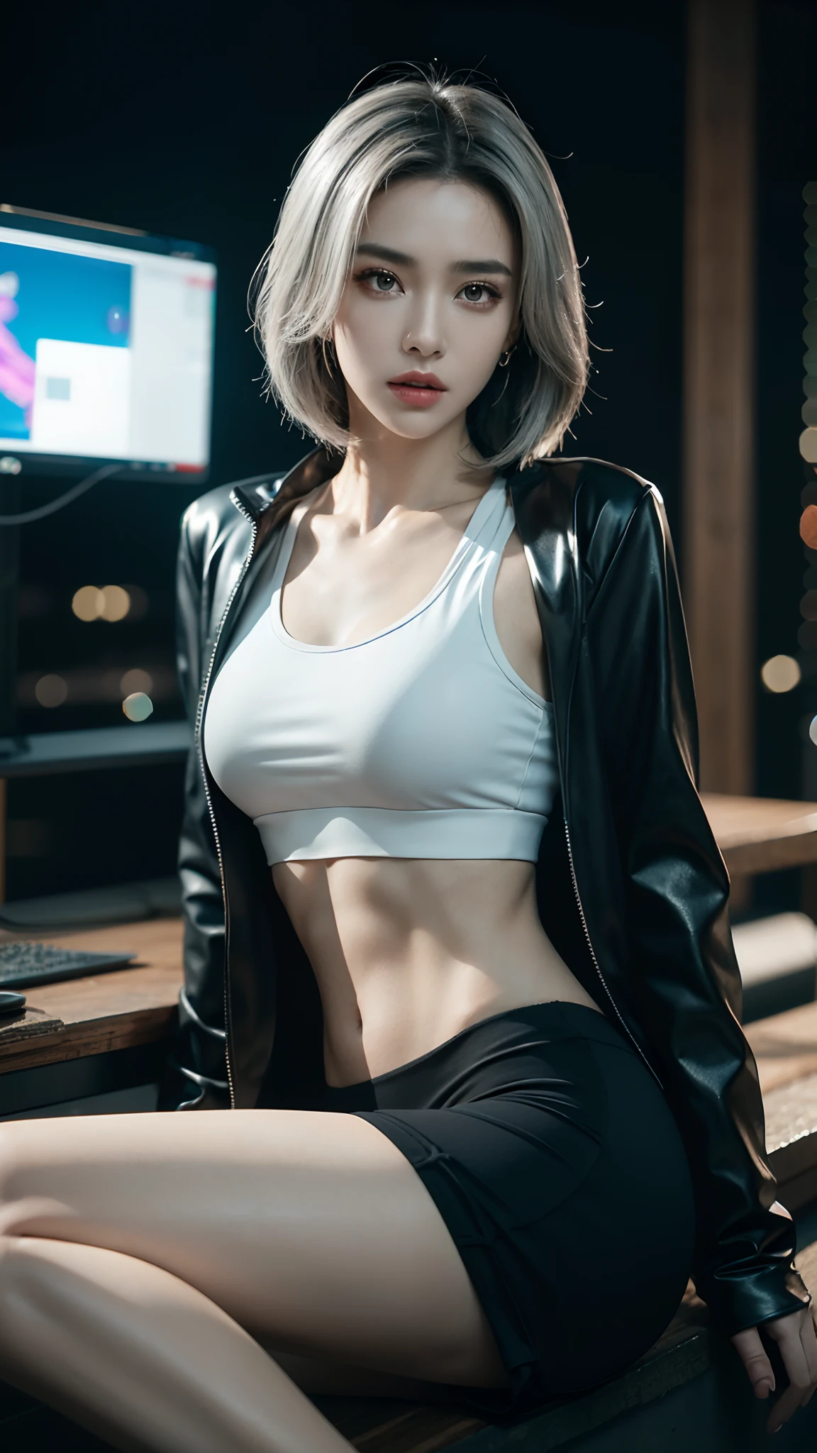 sports bra silver, sports jacket, sport pants , ( cyberpunk environment:1.2),makeup,, (1 girl:1.4),best quality, masterpiece, (realistic:1.2), young woman, a lady, detailed face, detailed eyes, detailed hair, detailed skin,look at viewer, dramatic, vibrant, sharp focus,50mm,F1.2, EOS R8,(3/4 body:1.2),sitting,(complex background:1.6),(Best quality details:1.2),8K High definition,