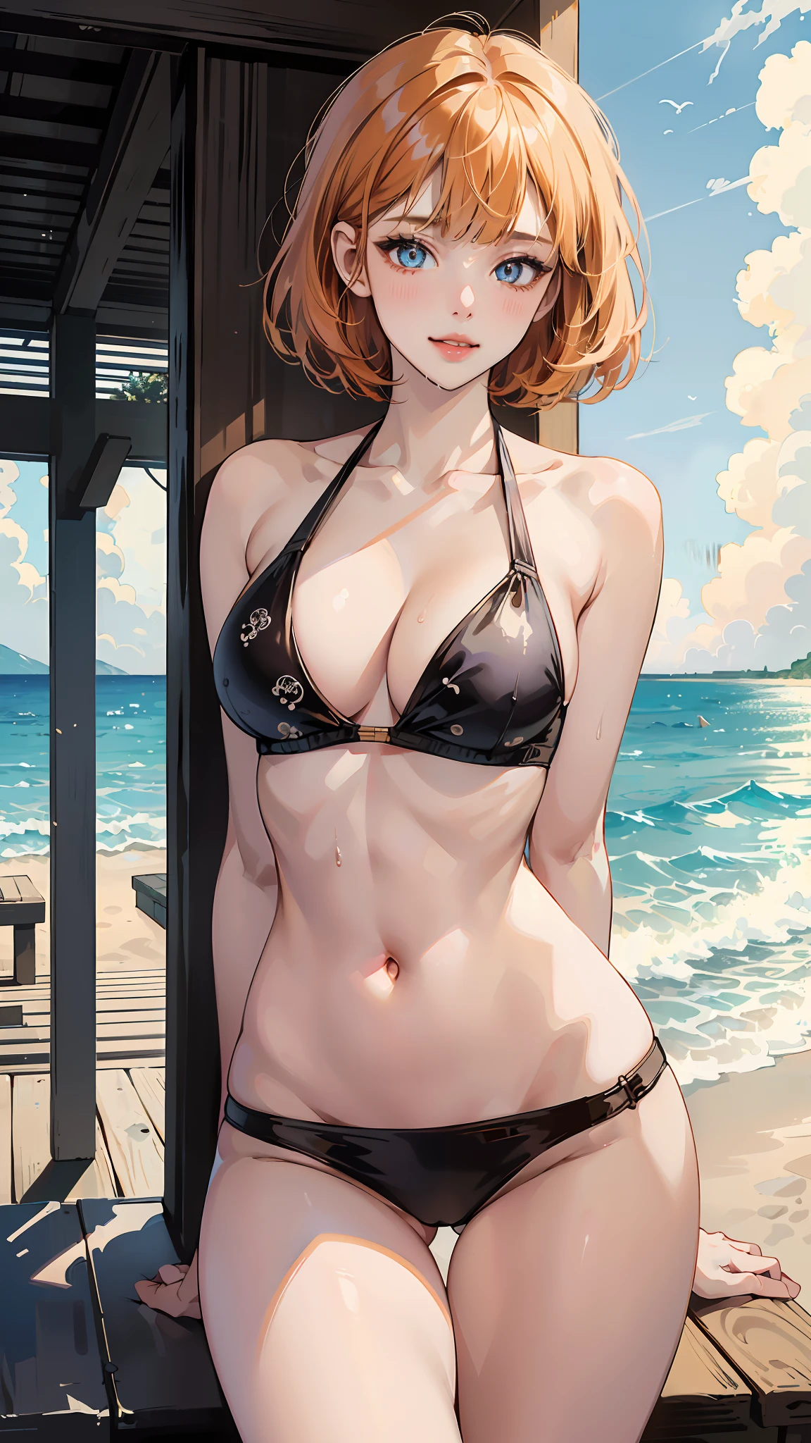 ((((masterpiece, best quality, high resolution)))), (1girl:1.5), orange hair, bob cut, blunt bangs, (black eyes: 1.5), (large breasts: 1.2), cleavage, blush, light smile, parted lips, glow, thighs, bare shoulders, collarbone, narrow waist, cleavage, (beautiful detailed face, beautiful detailed eyes), long slender thighs, perfect eyes, looking at the viewer, seductive looks, seductive pose, arms behind back, beach, seaside, colour patterns bikini, dripping wet