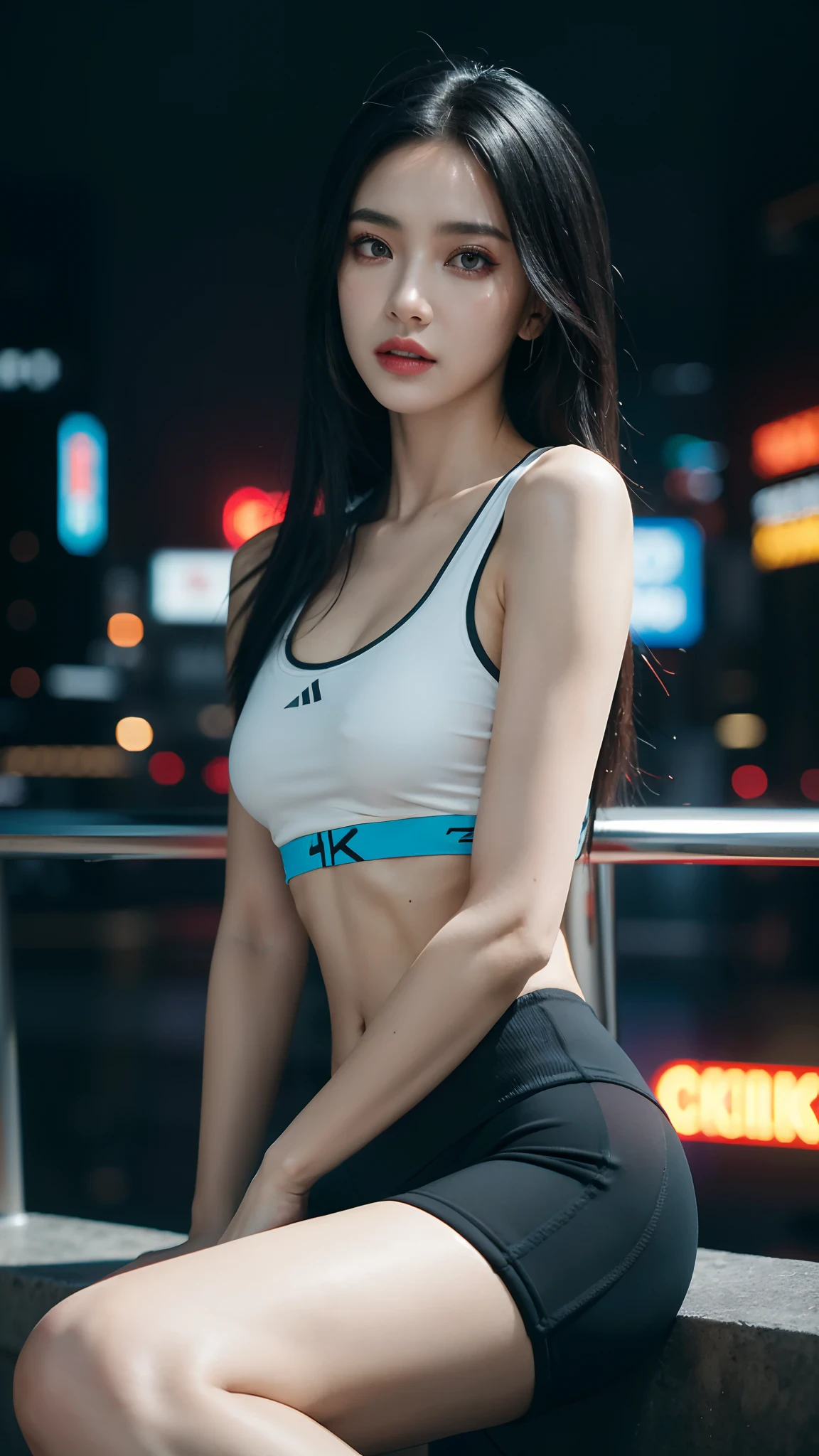 sports bra silver, sports jacket, sport pants , ( cyberpunk environment:1.2),makeup,, (1 girl:1.4),best quality, masterpiece, (realistic:1.2), young woman, a lady, detailed face, detailed eyes, detailed hair, detailed skin,look at viewer, dramatic, vibrant, sharp focus,50mm,F1.2, EOS R8,(3/4 body:1.2),sitting,(complex background:1.6),(Best quality details:1.2),8K High definition,