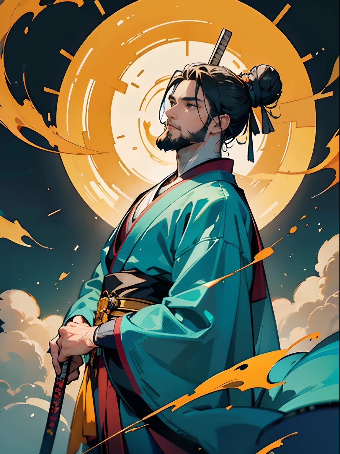 （An old man 1.5),70 years old，cabelos preto e longos，Taoist，Bagua mirror in hand，Exudes a powerful aura. He wears a yellow robe.（Red pants），Gossip mode ,2K, best qualtiy，Masterpiece, Super detail, High details,Well-made beard, Samurai bun，back，（High- sharpness，ultra - detailed）， tmasterpiece， 独奏，Cyan clothes， A kind expression， 详细的脸， Look up at the sky， swirles， salama，Complicated details, , 独奏, detailedbackground，Hover in the air，、Backlit realistic lighting、Armory、Hair flutters in the wind，Surrounded by ink, Clear face, Clear and bright eyes, High detail, (A high resolution, ultra - detailed), Cinematic lighting, Motion blur, Ray tracing, reflective light, (Close-up), Masterpiece, Best quality, High quality, Anatomically correct, Textured skin, High details, Super detail, 1080p, hyper HD,