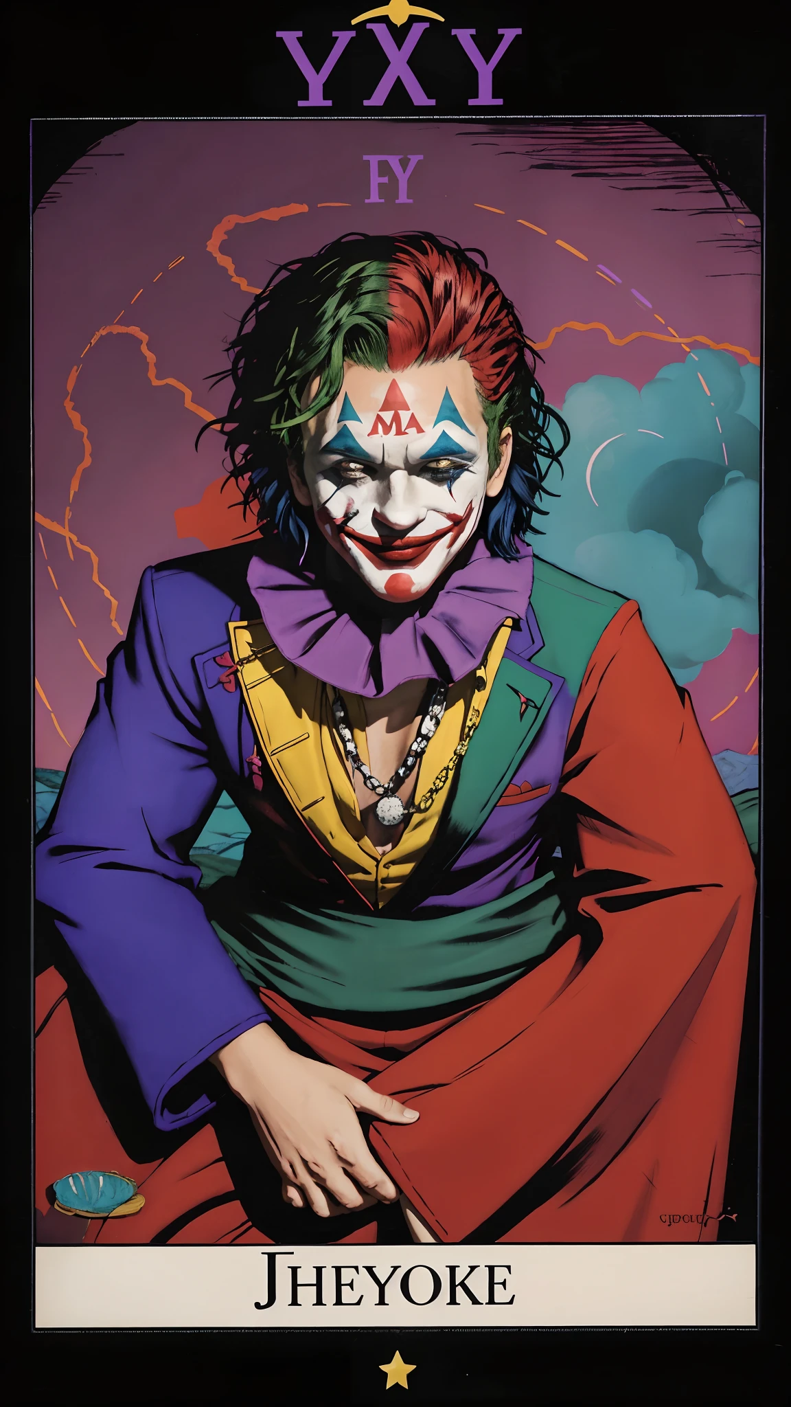 The Joker Tarot Card Heyoka - sacred clown, indigenous wisdom, trickster archetype, colorful attire, playful expression, spiritual guidance, unconventional energy, harmonious balance, energetic presence, horridtarot