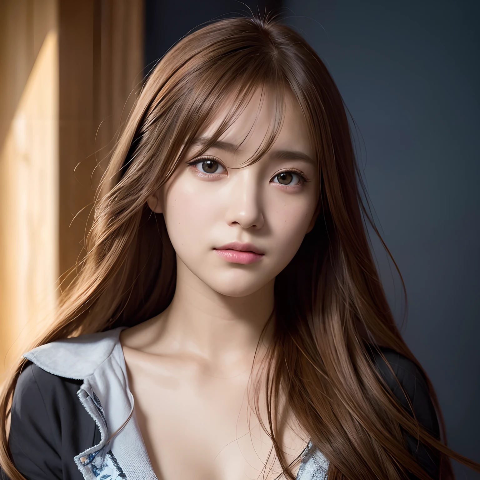 depth of field, lifelike, realistic, super detailed, beautiful, slender, cute, 30s, beautiful features, actress, mature, upper body, bright brown hair, thin hair, small face, live-action, highest quality, very elaborate CG Unity 8K wallpaper, ultra high resolution, natural fashion, lighting, medium hair, (puffy eyes), model figure, light on hair, turn around pose, Ash brown hair, model pose, studio shoot, white background, delicate skin type, light wavy hair close to straight hair, hands around the mouth, adult clothes, hair model shoot, hair fluttering in the wind, transparent hair, fine hair fineness, soft hair, fine skin, bright photo, less hair, angle of pull, professional lighting, realistic light, realistic shadow, natural light, soft light, beige hair