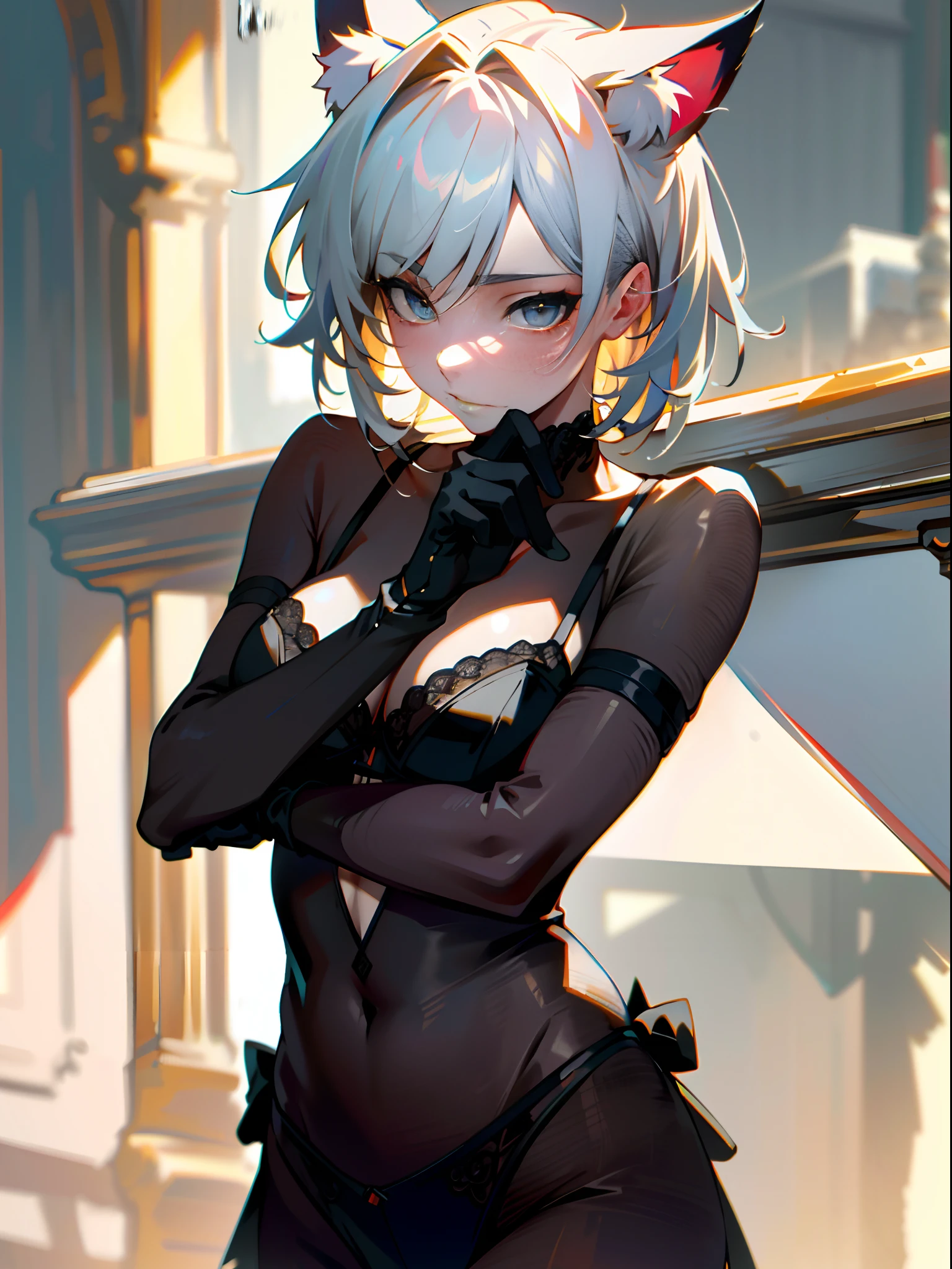 (masterpiece, best quality, 8k, sharp focus, depth of field, best shadows, perfect lights, HDR, realistic skin texture, hyper-detailed background), using cat cosplay lingerie, cat brawl, friendly hassle, cat ears, white hair, black gloves