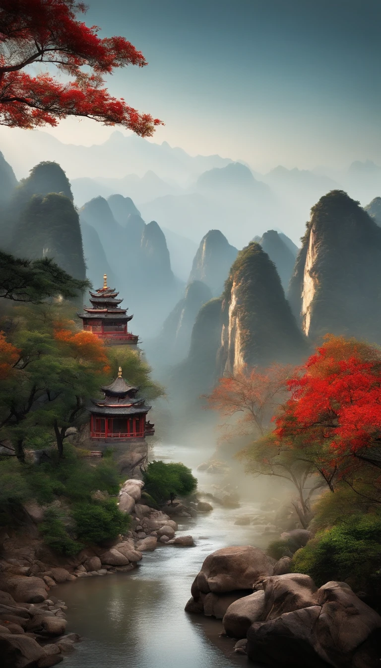 The Qingshan technique of Chinese gongbi painting,The brushwork is powerful and powerful。The mountains are scattered,surrounded by cloud,Among them is a temple,There is a plaque at the entrance of the temple,It reads "Lingyin Temple",Blessed couplet,Left Union "Lou Guanhai Day",Right link "door to Zhejiang tide"。There is 1 large crane flying towards the temple。Feel the vitality of nature through the picture,The scenery with oriental connotations reflects each other。It's heart-warming,Linger。