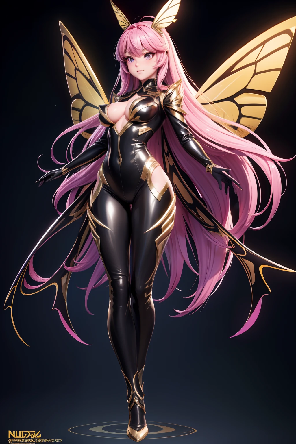 solo, super fine photo, full body digital art Unreal Engine 5 8K UHD of a girl, concept art, character concept design, wearing black and gold tight shiny bodysuit with metallic details, butterfly wings, metallic glove, pink long hair, fairy girl, pixie, best quality, masterpiece, super detailed, sharp focus, female pose