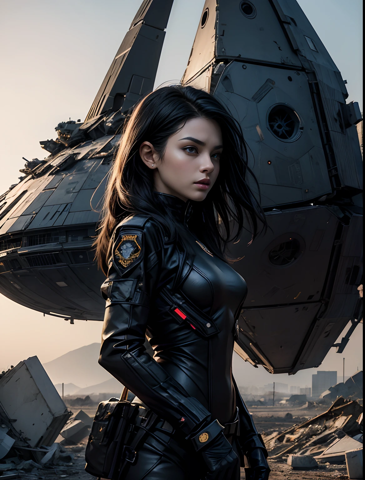 A beautiful woman. He has black hair that reaches down to his back. She is wearing black combat uniform. A woman stands in front of a small, hexagonal spaceship. The spaceship has landed in a city that has been reduced to a pile of rubble. The spaceship is black. 8K image quality. Different Burbank.