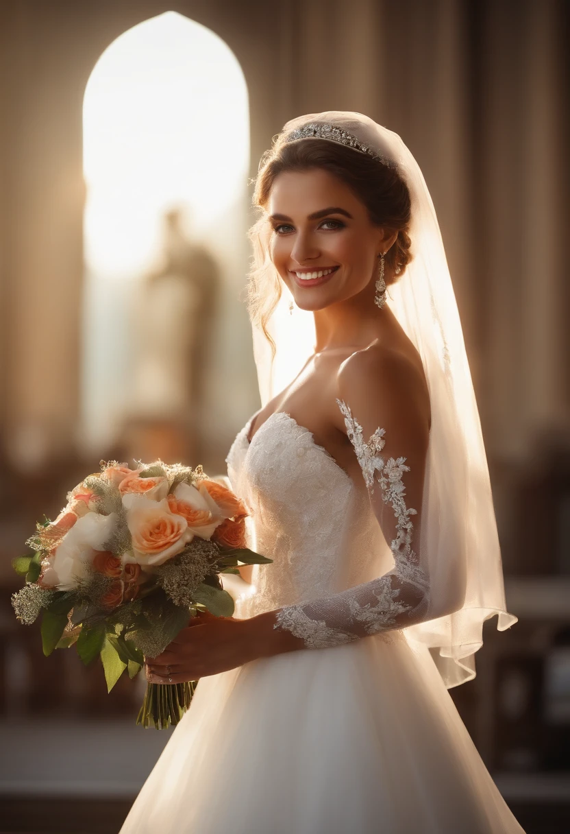 (a beautiful bride,smiling,romantic women,a bride in white wedding dress holding a bouquet,lifelike,8K,movie-grade lighting,ray tracing)