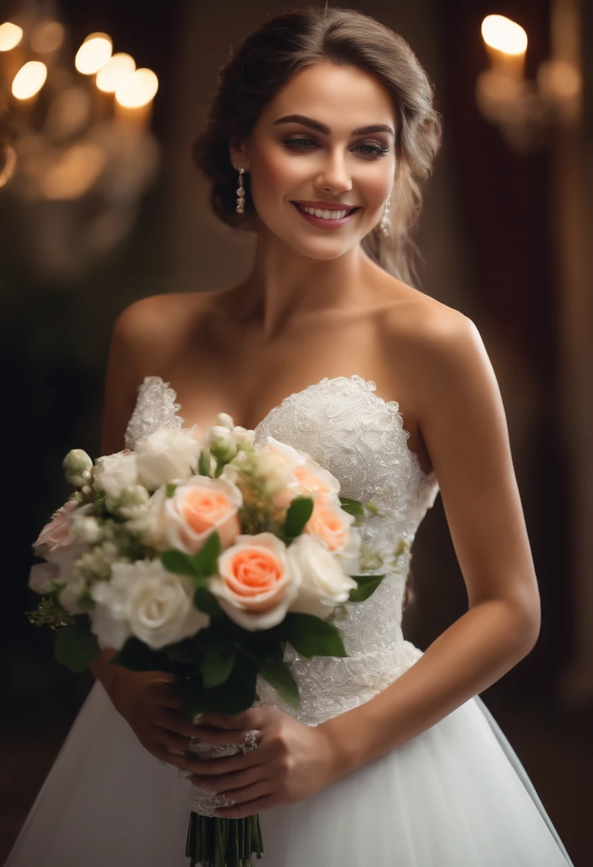 (a beautiful bride,smiling,romantic women,a bride in white wedding dress holding a bouquet,lifelike,8K,movie-grade lighting,ray tracing)