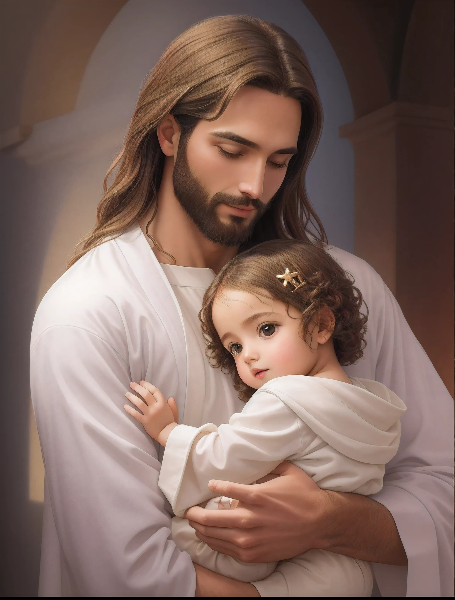 a painting of a Jesus Christ holding a child in his arms, Com o Jesus, pai, jesus hugging a woman, Jesus Cristo, pai com filho, ! holding in his hand !, with a kid, beautiful depiction, Christian art, ele tem um tesouro com ele, beautiful image ever created, amor incondicional, obra-prima muito bonita, bela obra-prima