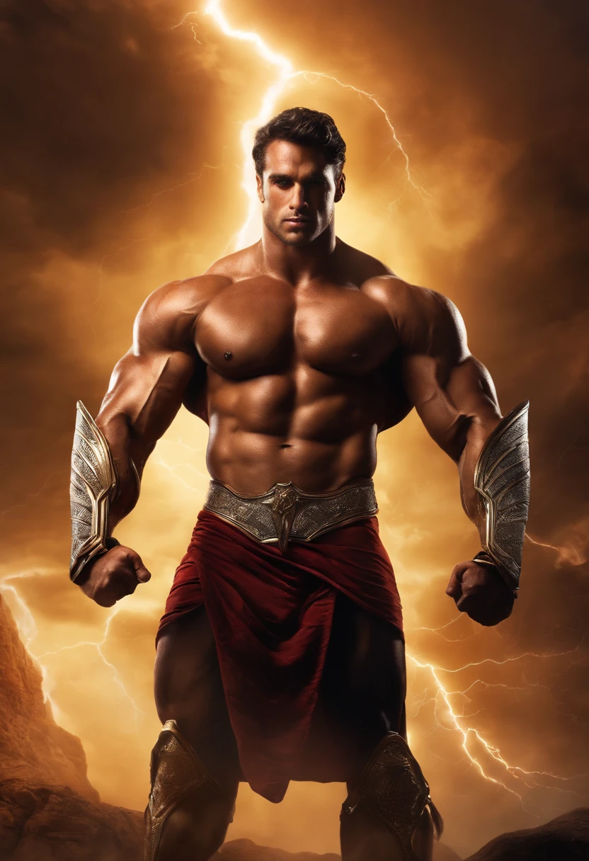 (bodybuilder, greek god, epic dramatic scene, chaotic background, hyper realistic, 4k), muscular physique, chiseled abs, bulging veins, intense and focused expression, gladiator-like armor, flowing cape, powerful pose, divine aura, golden halo, thunder and lightning, crumbling ruins, billowing smoke, dynamic movement, battle scars, sweat dripping, deep shadows, dramatic lighting, contrasted colors, immense power, heroic proportions