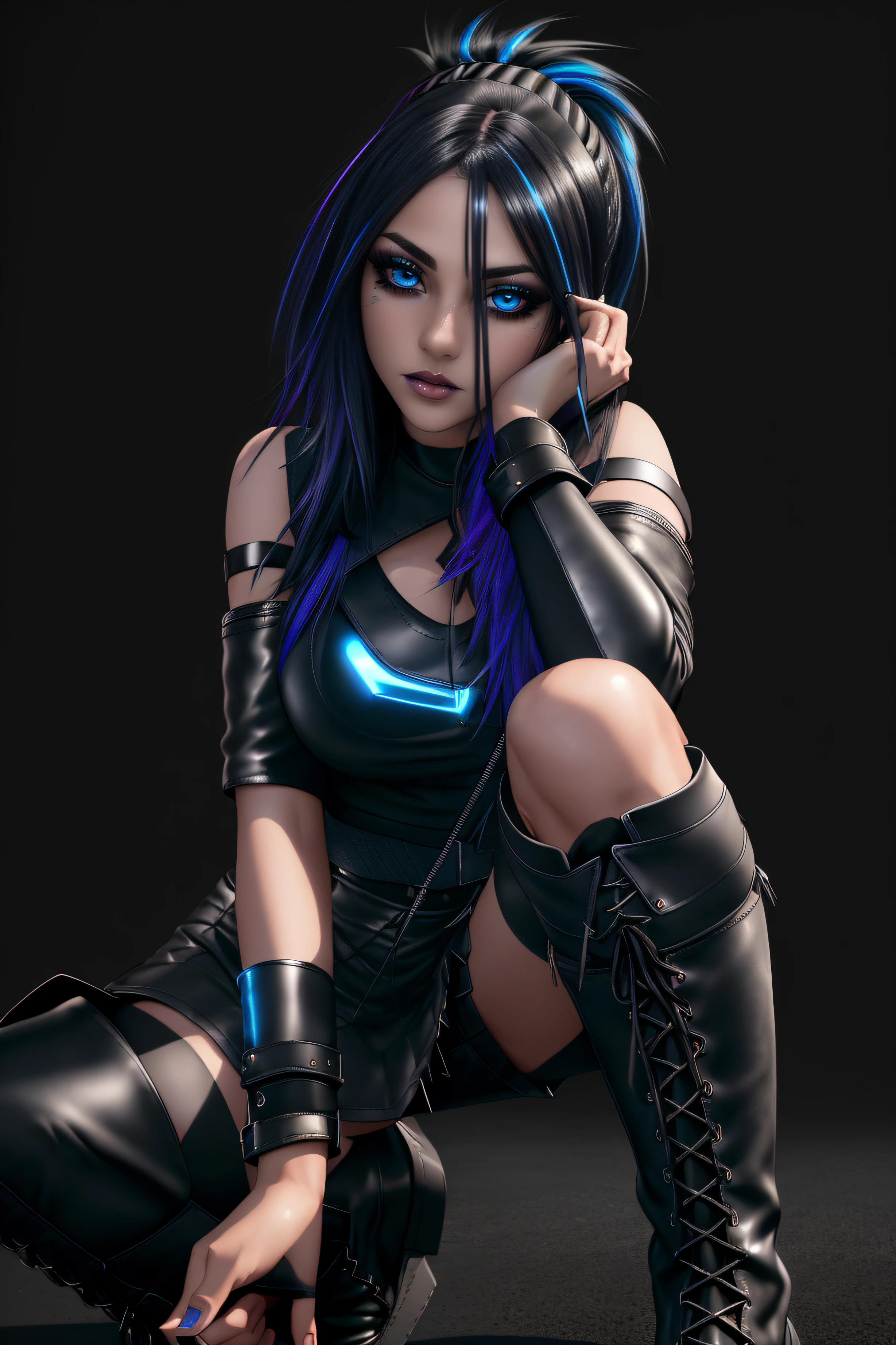 beautiful girl, full body, short bright blue neon streaked dishevelled hair, ((large light realistic detailed eyes:1.3)), ((seductive pose:0.5)), black eyeshadow, (street style wear:1.2), ((tight fitted short skirt)), ((knee high leather boots:1.3)), (dark city night black background:1.4), dark makeup, digital art, trending on artstation, highly detailed, fine detail, intricate, beautiful detailed glow, detailed, Cinematic light, high-res, detailed facial features, sharp focus, smooth, aesthetic,