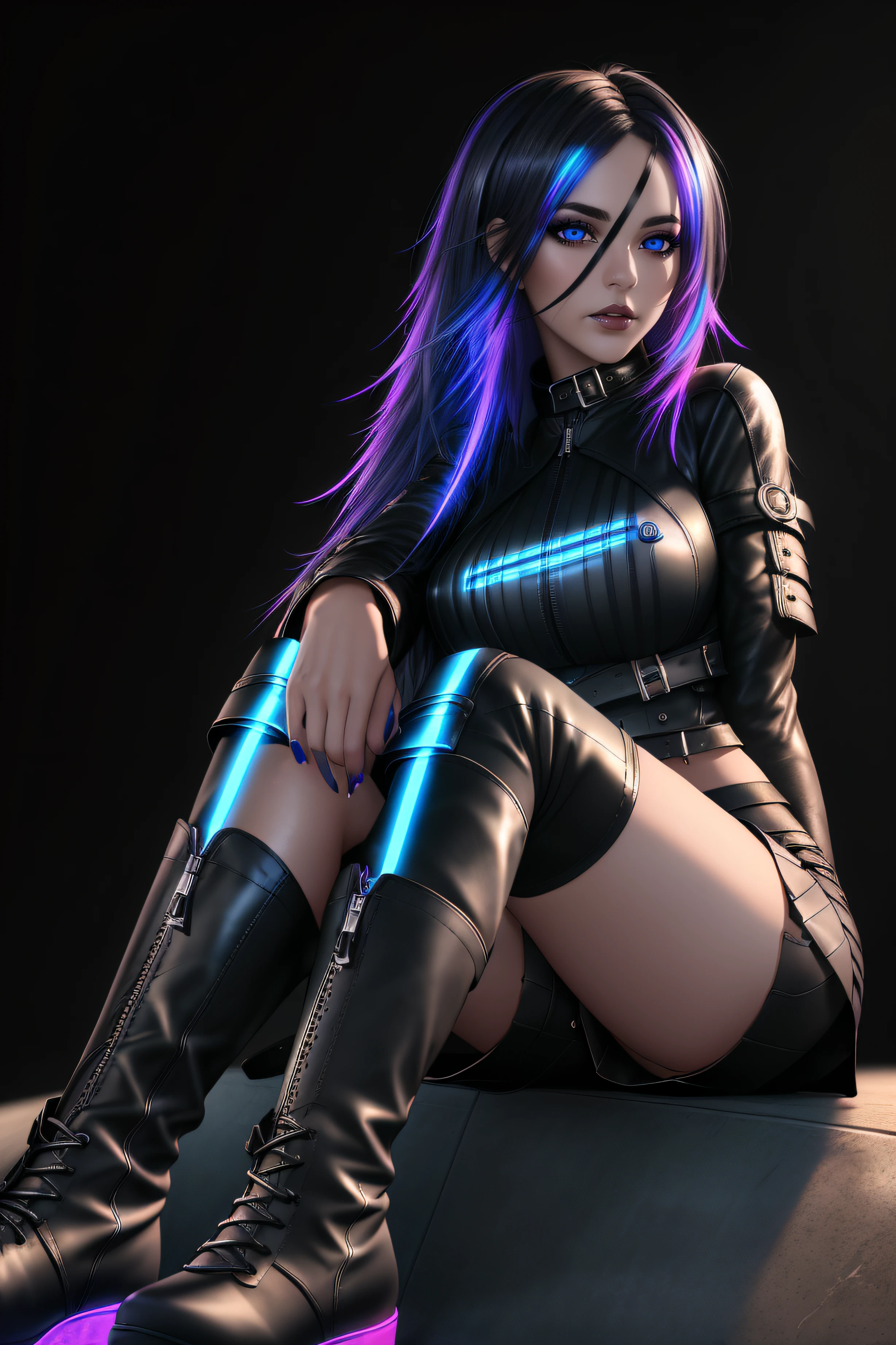 beautiful girl, full body, short bright blue neon streaked dishevelled hair, ((large light realistic detailed eyes:1.3)), ((seductive pose:0.5)), black eyeshadow, (street style wear:1.2), ((tight fitted short skirt)), ((knee high leather boots:1.3)), (dark city night black background:1.4), dark makeup, digital art, trending on artstation, highly detailed, fine detail, intricate, beautiful detailed glow, detailed, Cinematic light, high-res, detailed facial features, sharp focus, smooth, aesthetic,