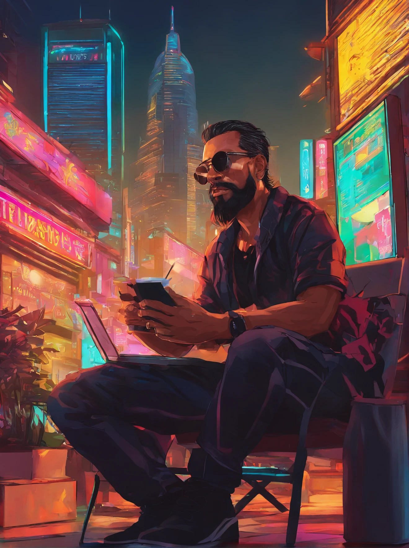 Portrait of a malay father, 40 years old, full facial hair, trimmed, a little bit of graying hair, hair slick back, glasses, wearing long sleeves black t-shirt, smoking a cigarette and drinking coffee while reading a book, sitting on a chair on a patio, outside, sunny day