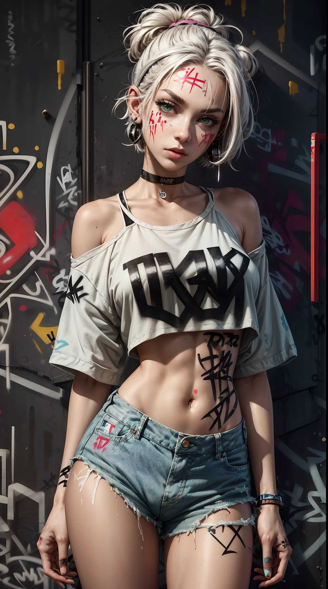 masterpiece, best quality, Tia is shown to have a fairly slender figure. She has white-grey hair , she has short hair and large pale green eyes, crop top, denim shorts, choker, (graffiti:1.5), paint splatter, arms behind back, against wall, looking at viewer, armband, paint on body, head tilt, bored, headset,