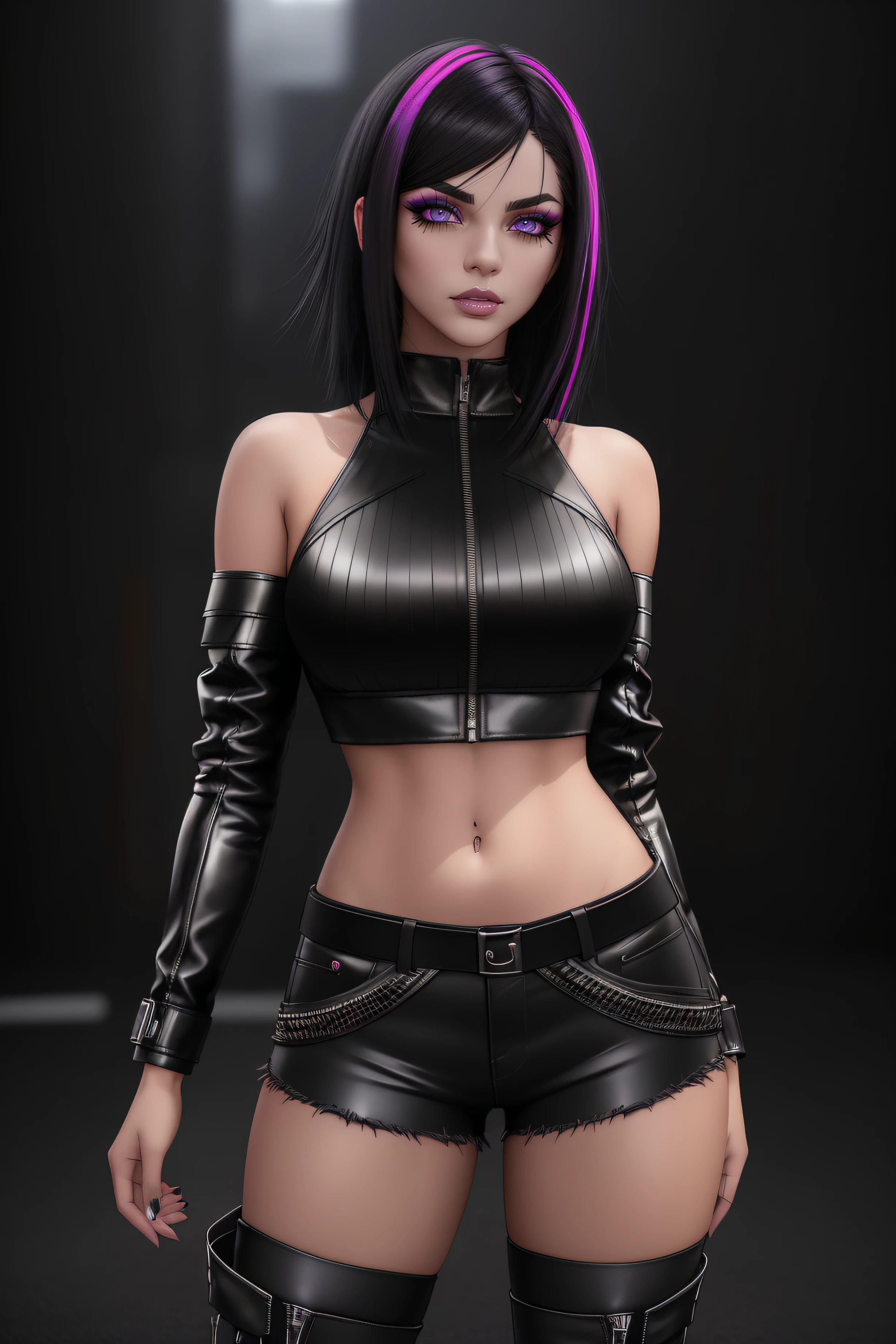 beautiful girl, ((standing:1.4)), (confident gaze:1.1), full body, short bright neon streaked black hair, ((realistic highly detailed eyes:1.4)), ((seductive pose:1.2)), black eyeshadow, (street style wear:1.2), ((tight fitted pants)), ((knee high leather boots)), (dark city night black background:1.4), dark makeup, digital art, trending on artstation, highly detailed, fine detail, intricate, detailed facial features, sharp focus, smooth, aesthetic,