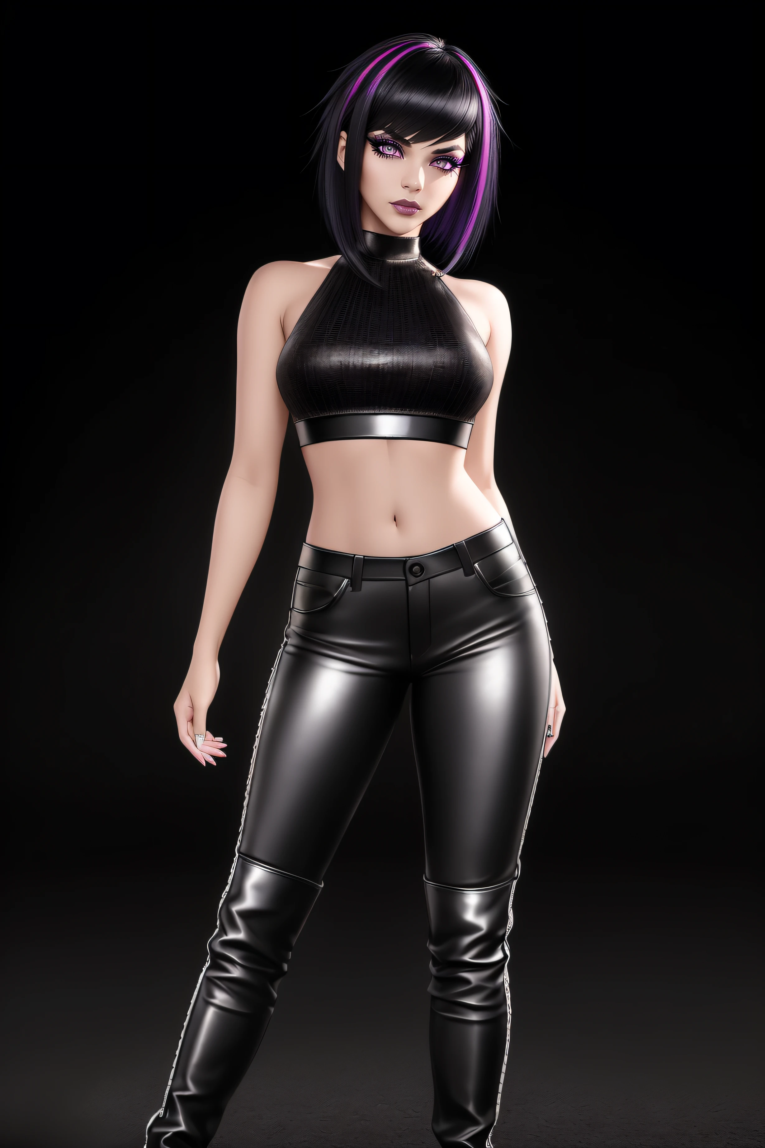 beautiful girl, ((standing:1.4)), (confident gaze:1.1), full body, short bright neon streaked black hair, ((realistic highly detailed eyes:1.4)), ((seductive pose:1.2)), black eyeshadow, (street style wear:1.2), ((tight fitted pants)), ((knee high leather boots)), (dark city night black background:1.4), dark makeup, digital art, trending on artstation, highly detailed, fine detail, intricate, detailed facial features, sharp focus, smooth, aesthetic,