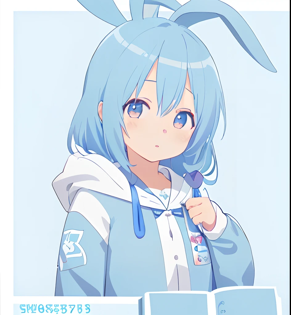 1girl, anime, high resolution, hood, cute, kawaii, blue, anime magazine, blue hair
