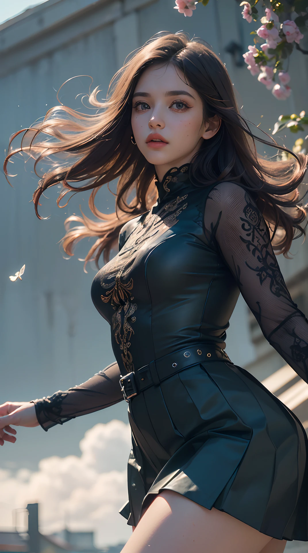 (best quality,4k,8k,highres,masterpiece:1.2), ultra-detailed, (realistic,photorealistic,photo-realistic:1.37), (beautiful detailed eyes, beautiful detailed lips, extremely detailed eyes and face, long eyelashes), studio lighting, physically-based rendering, vivid colors, (hair fluttering in the wind, skirts swirling), (one-piece dress),