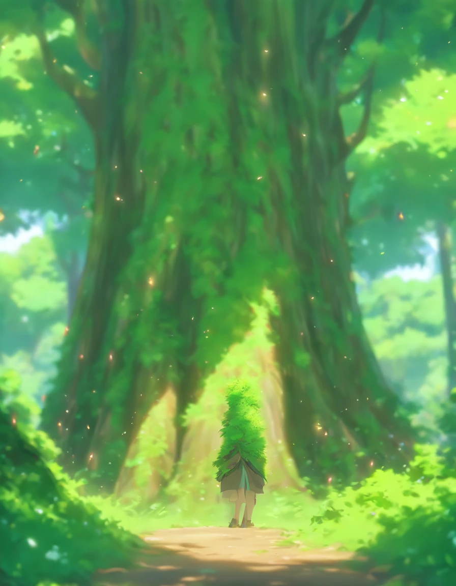 (best quality,4k,8k,highres,masterpiece:1.2),ultra-detailed, colorful, lovely cute creature original never seen, green forest, root of a tree, sunny day, serene atmosphere, big trees, green foliage, beautifully colored, peaceful environment,natural lighting,soft, leaves on the ground,gentle mist,flickering sunlight through the trees, majestic tree trunks,quiet solitude,magical atmosphere, sweet eyes and happy face very beautiful creature.