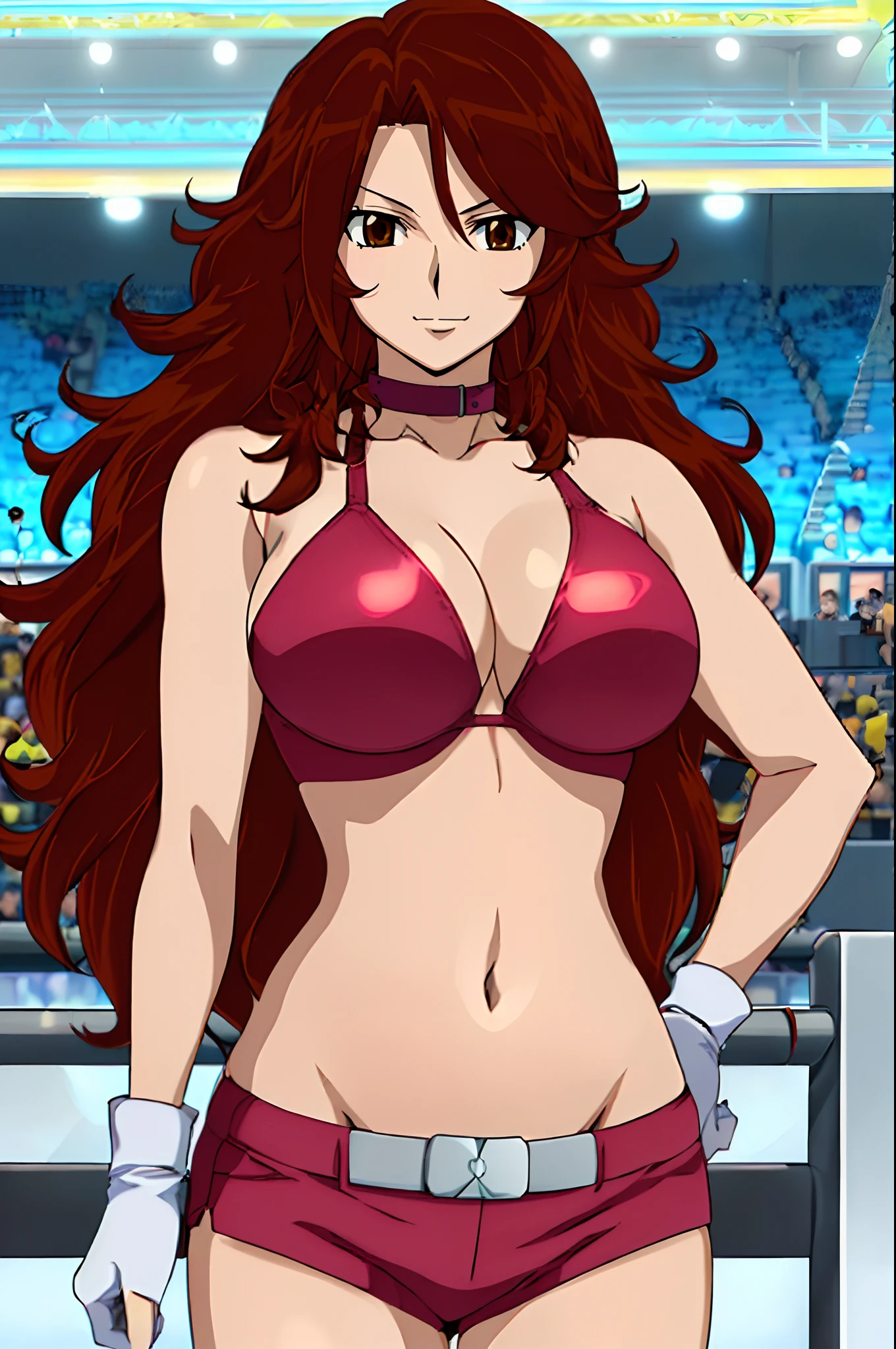 curvy midsection, solo, 1 girl, female wrestler, smile, saluting), (detailed titration screen, upper body only, anime style: 1.8, anime drawing, ultra detailed face, ultra detailed body, 4k, Sumergai Lee Noriega, (standing), best quality, anime style, hires, highest definition, digital blending, bold drawing lines, ((wwe diva), ((location: wrestling arena, crowds watching)), ( pro female wrestler, long attractive belly, slim body, (strong biceps), broad shoulders , off-shoulders, closed fists, (very curvy: 2.8)), ((elegant red bikini , shorts, white gloves, collar, arm band, (champion belt))), (pale skin, very big breasts, closed mouth, teeth), (big eyes, brown eyes, shiny eyes), (), (reddish hair, loose hair, curly hair, wavy hair, long hair, missy hair), 27 years old