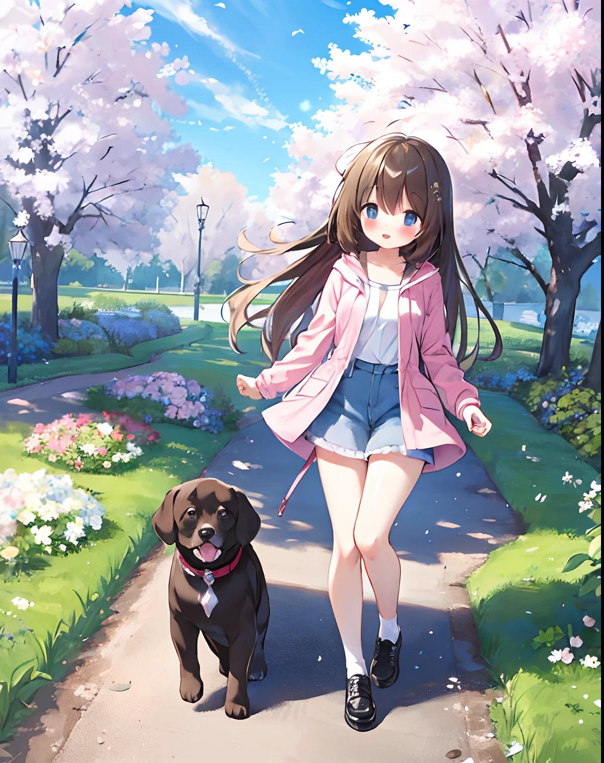 High resolution,Professional Lighting,Incredibly attractive girl,Enjoy a walk with an adorable puppy,,Enjoy a beautiful spring ride surrounded by beautiful lots of flowers and natural scenery,A lot of flowers are blooming、Master Parts,Best Quality, (glad:1.4)