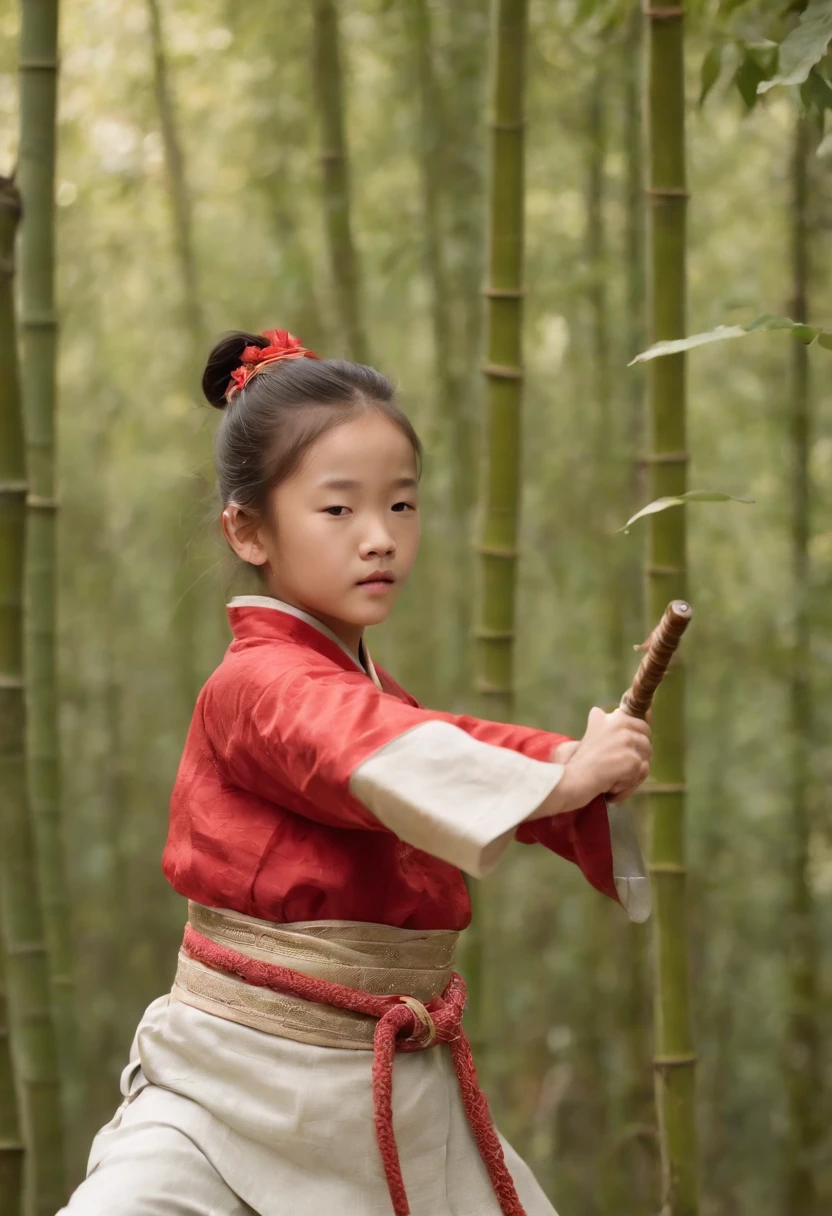 A Chinese ,ancient wind,Martial arts style,bamboo forrest,The sword,A gentle breeze ruffles the hair,autumnal,falling leaf,Dance the sword,sword fighting,in a panoramic view,SENSE OF CINEMA,k hd,Delicate facial features