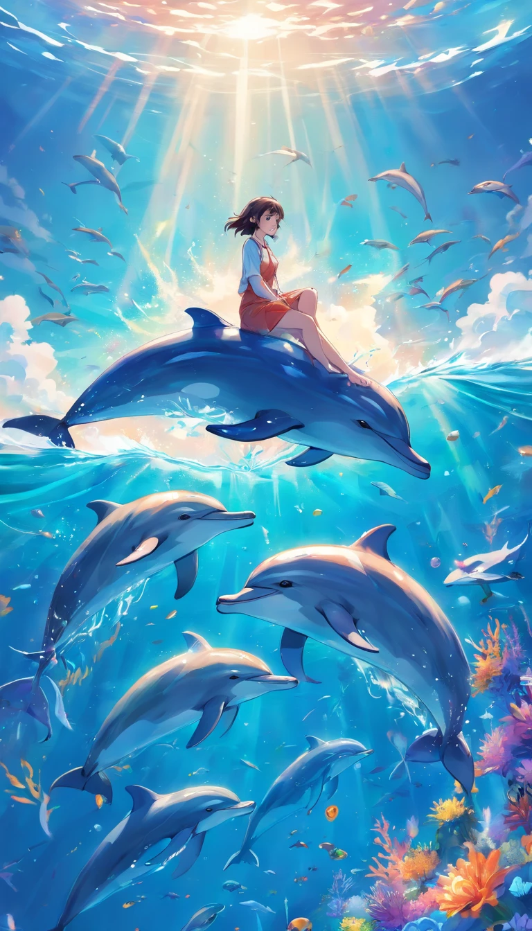 Drawing of dolphins swimming in colorful sea, Look up at the composition, Jellyfish and whales from the sky, inspired by Cyril Rolando, a beautiful artwork illustration, Authors：Sitao, colorful concept art, Makoto Shinkai Siriro Roland, in style of cyril rolando, flying whales, highly detailed water colour 8k, highly detailed watercolor 8 K，octans，sona，Realistic，8K，Shinkai Makoto style( Reasonable design, ligne claire, High sharpness,Best Quality, Very detailed, Master Parts, Movie Light Effects, 4K )