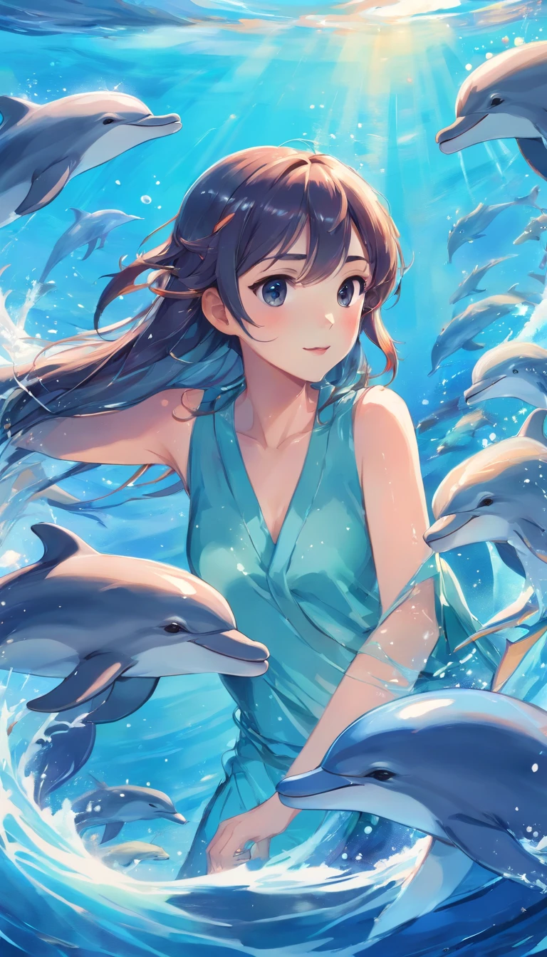Drawing of dolphins swimming in colorful sea, Look up at the composition, Whales with living water from the sky, inspired by Cyril Rolando, a beautiful artwork illustration, Authors:Sitao, colorful concept art, Makoto Shinkai Siriro Roland, in style of cyril rolando, flying whales, highly detailed water colour 8k, highly detailed watercolor 8 K,octans,sona,Realistic,8K,Shinkai Makoto style( Reasonable design, ligne claire, High sharpness,Best Quality, Very detailed, Master Parts, Movie Light Effects, 4K )