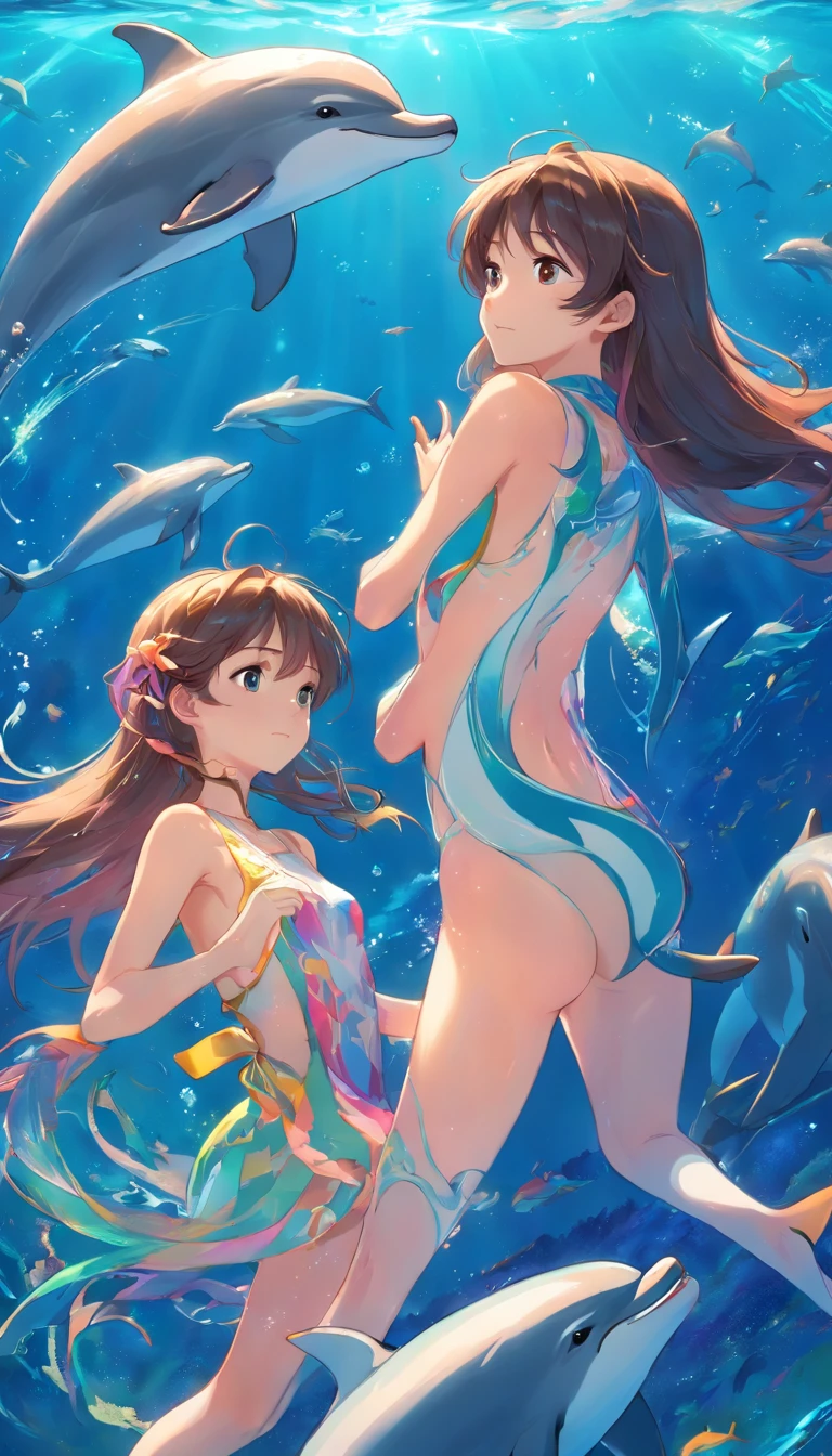 Drawing of dolphins swimming in colorful sea, Look up at the composition, Jellyfish and whales, inspired by Cyril Rolando, a beautiful artwork illustration, Authors:Sitao, colorful concept art, Makoto Shinkai Cyrillo Roland, in style of cyril rolando, Whale, High Definition Watercolor 8K, highly detailed watercolor 8 K,octane,The End,Realistic,8K,Shinkai Makoto style( Reasonable design, ligne claire, High- sharpness,Best Quality, Very detailed, Master Parts, Movie Light Effects, 4K ),Boy and girl swimming at the bottom of the sea,dream magical,AngelT,